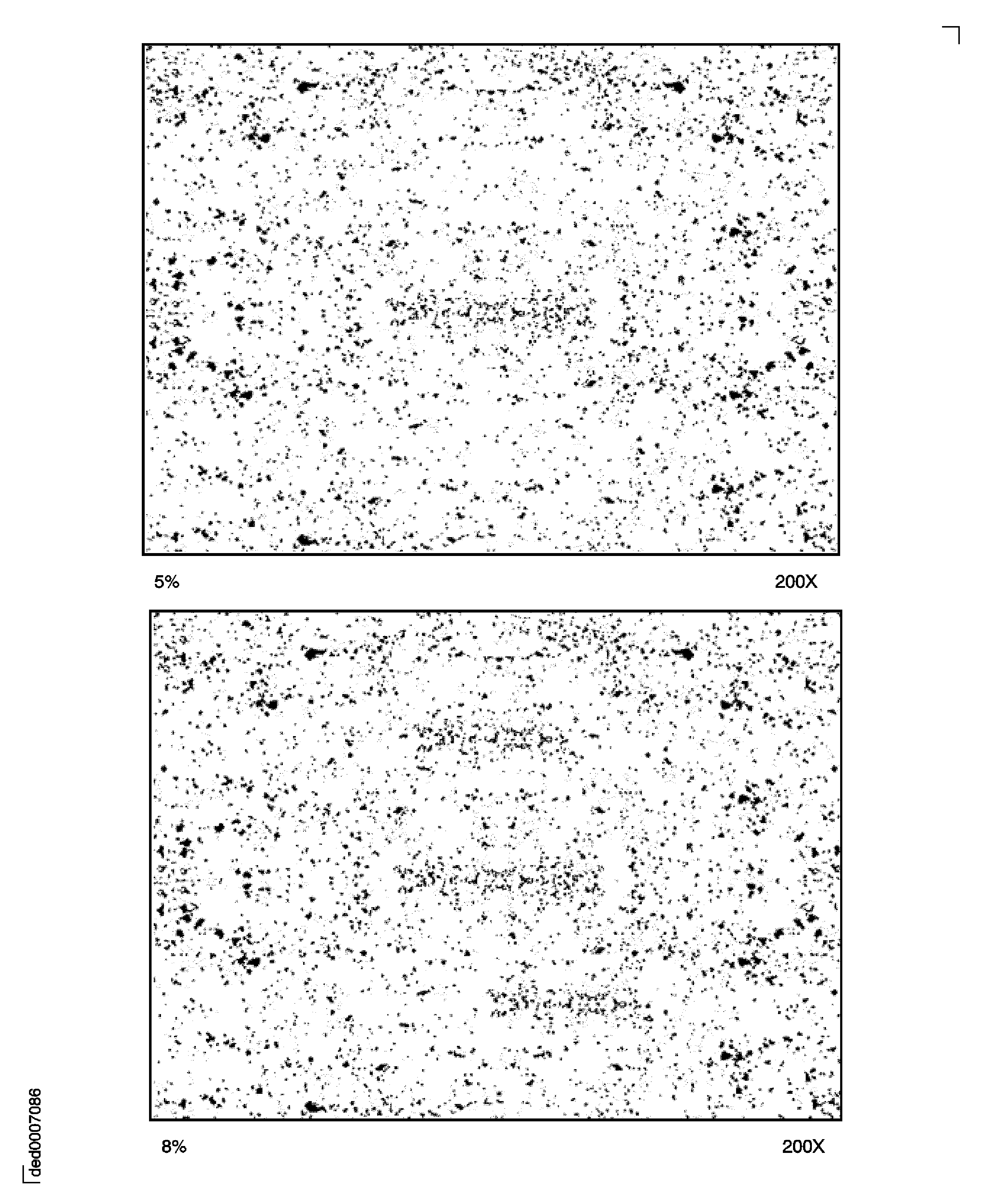 Porosity: Pore size 10 microns; the amount of porosity in the top picture is 5 percent and in the bottom picture 8 percent.