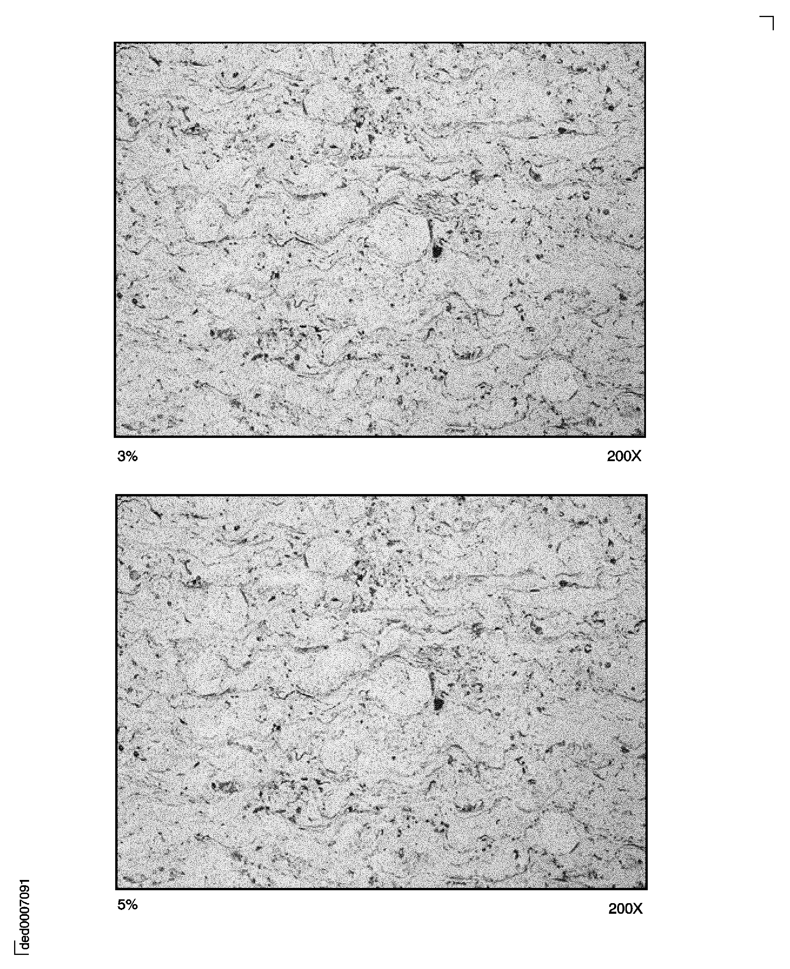 Example of unmelted particles: the amount of unmelted particles in the top picture is 3 percent and in the bottom picture 5 percent.
