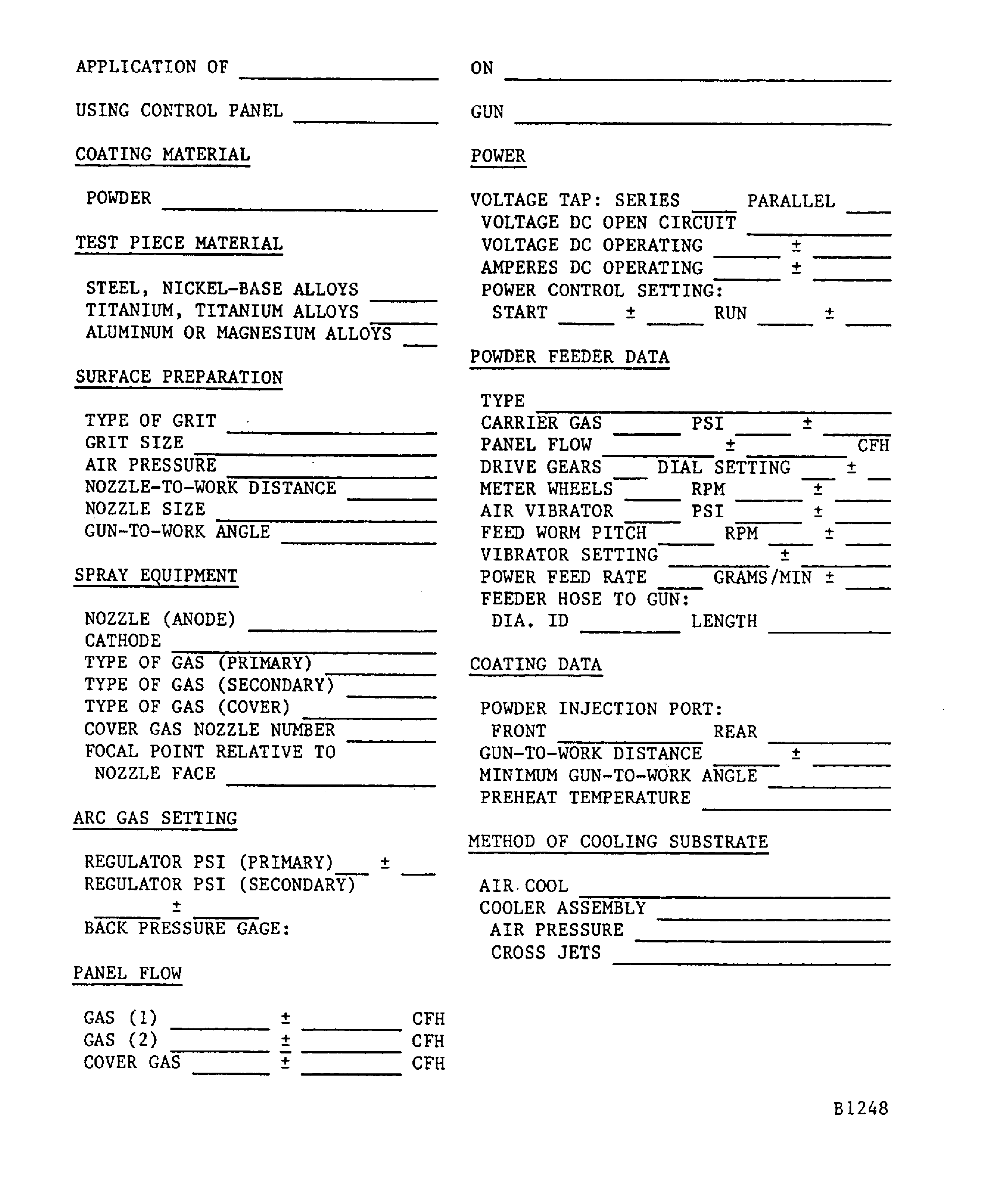 Example of a plasma coating schedule form