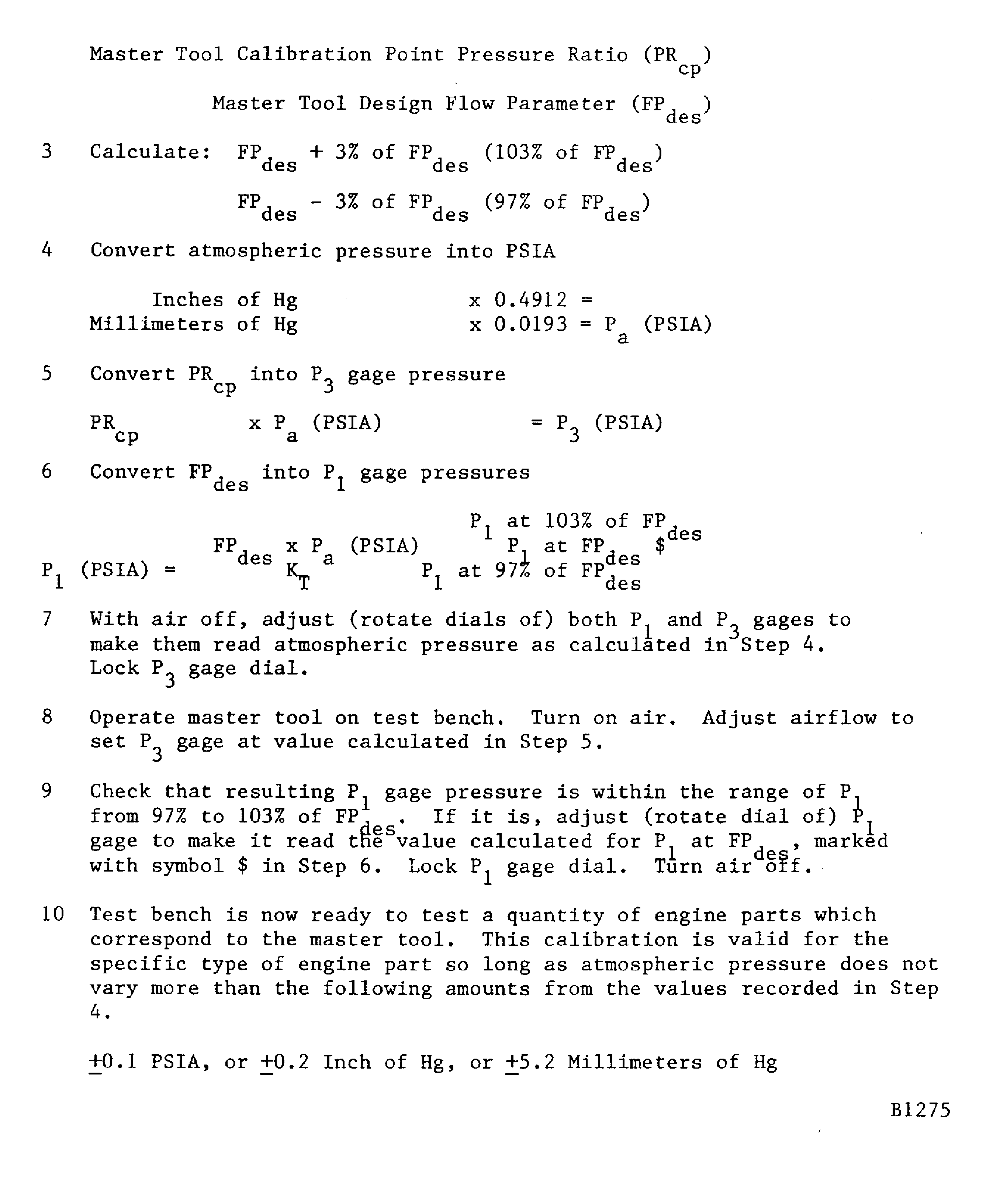 One-point test bench calibration. Master tool calibration by pressure ratio procedure. Sample worksheet 1 (Sheet 1)