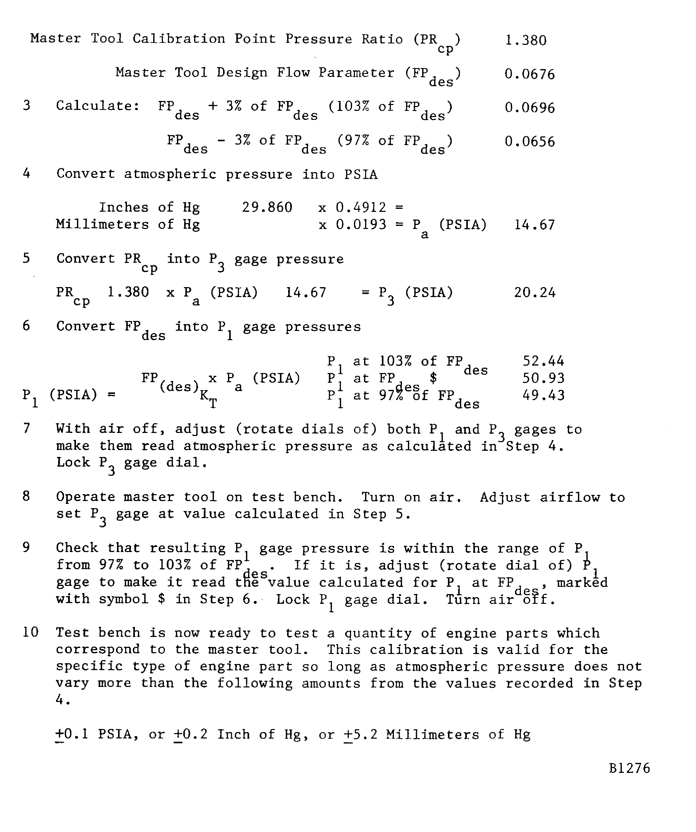 One-point test bench calibration. Master tool calibration by pressure ratio procedure. Sample worksheet 1 (Sheet 2)