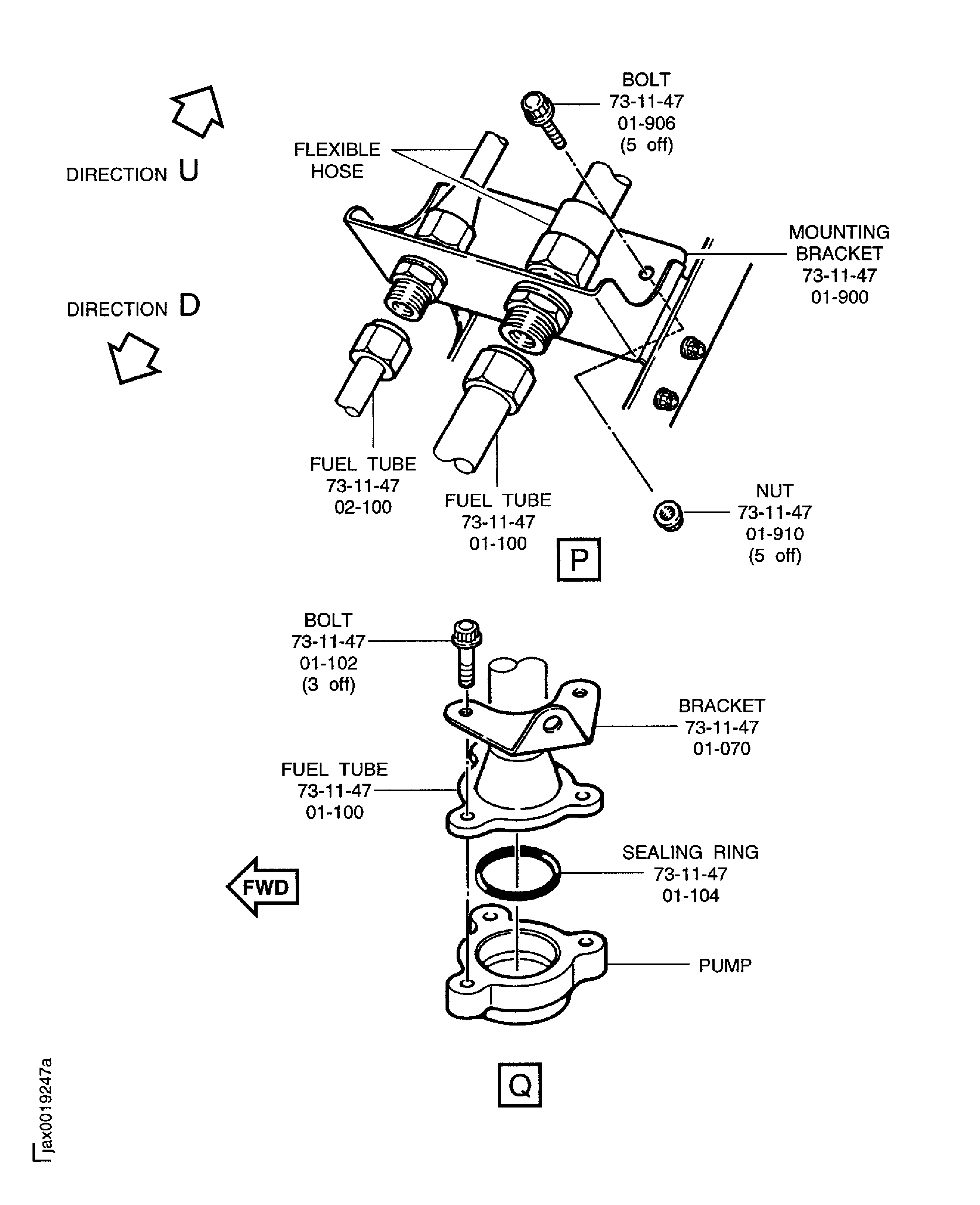 Install the fuel tube to the flexible hose and the pump