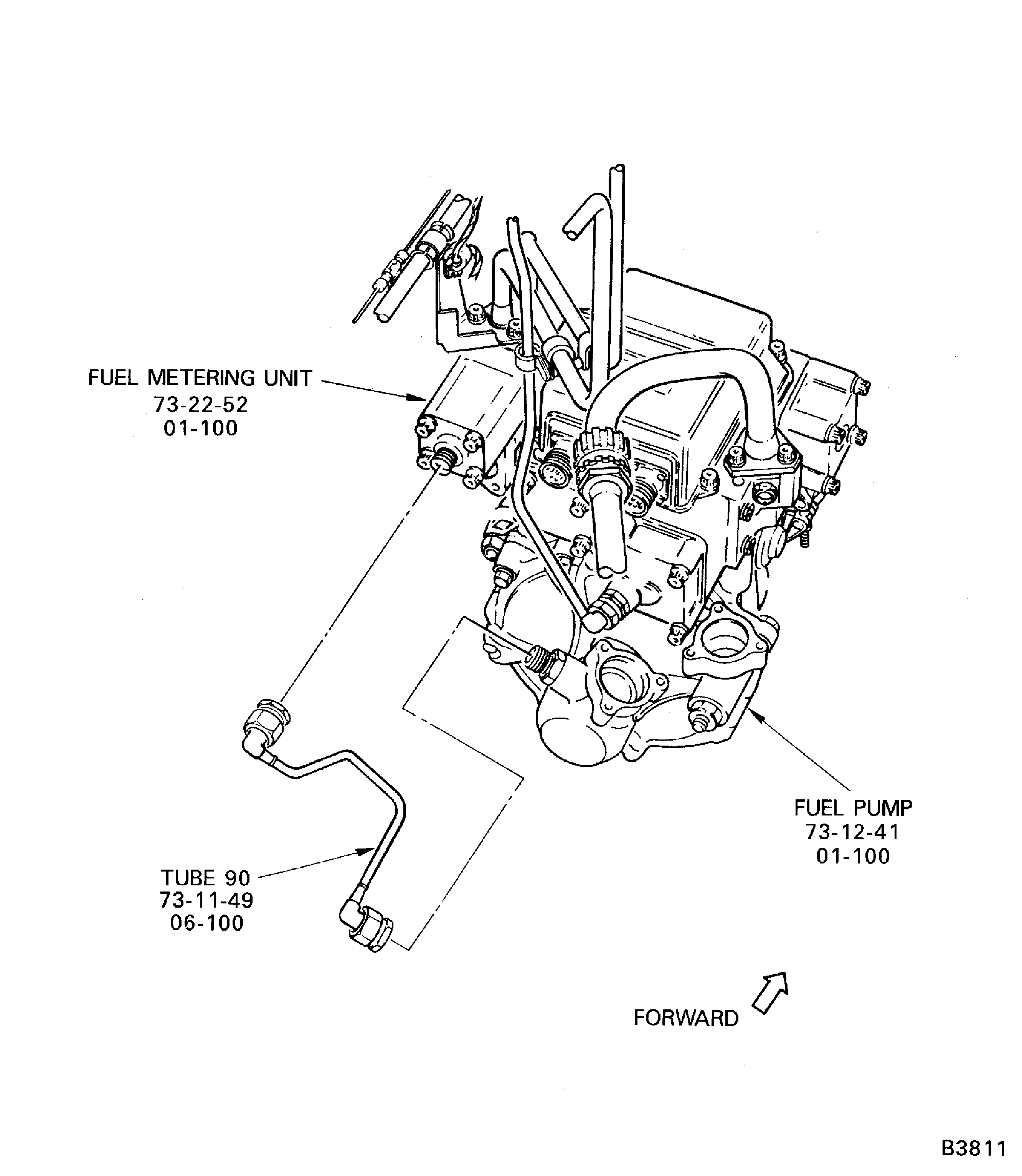 Remove the LP Fuel Tube (90) and the Fuel Pump Drain Tube (104)