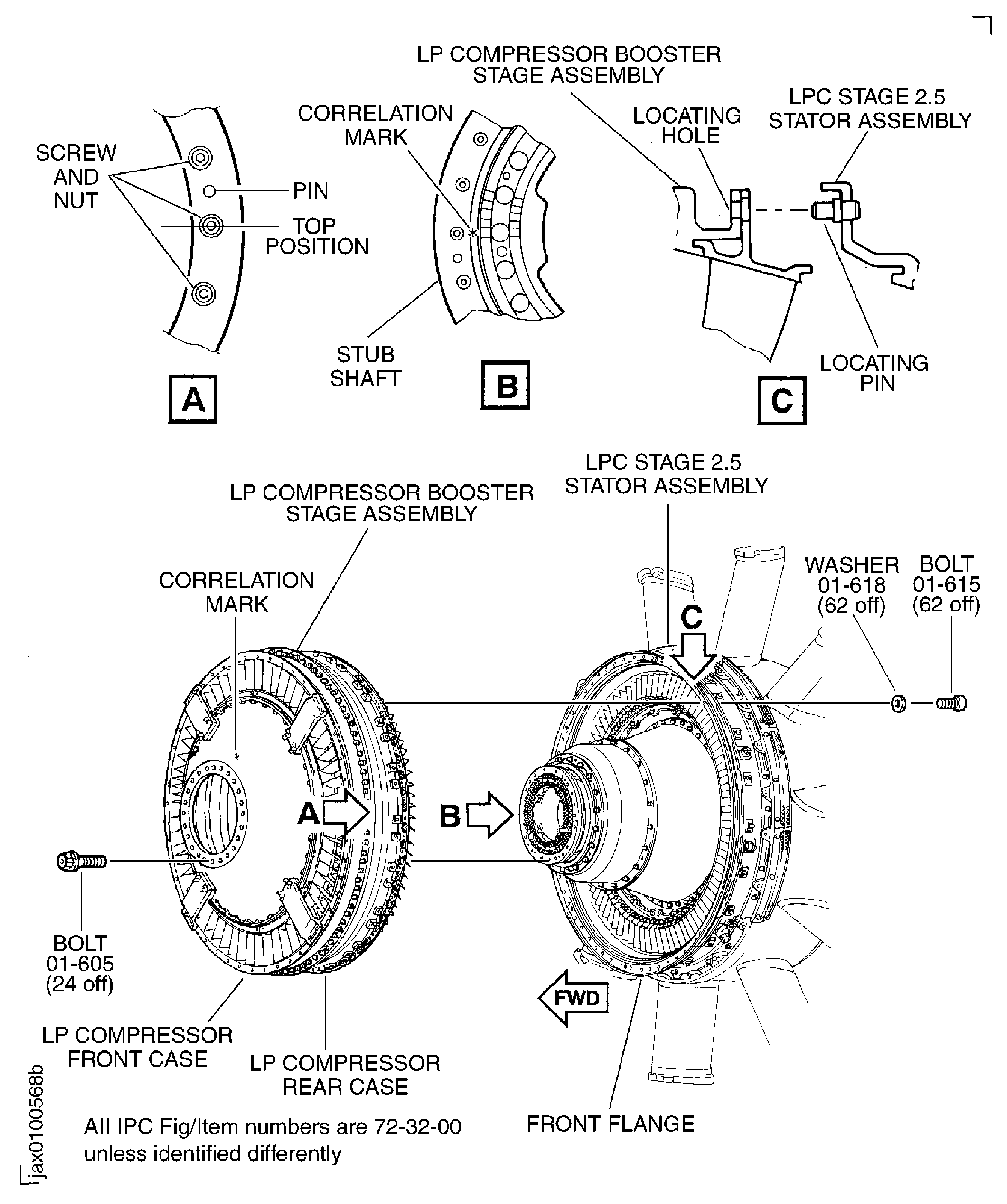 Install the LP compressor booster stage assembly onto the rotor center shaft and the LPC stage 2.5 stator assembly