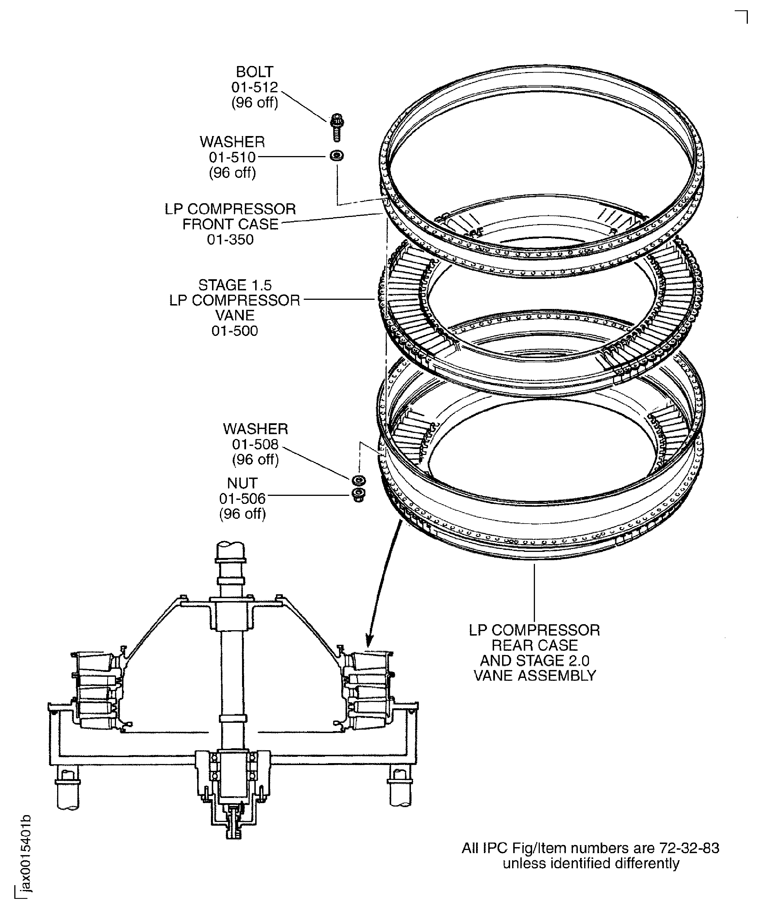 Install the Stage 1.5 LP Compressor Vane and the Front LP Compressor Case on to the Rear LP Compressor Case and Stage 2.0 LP Compressor