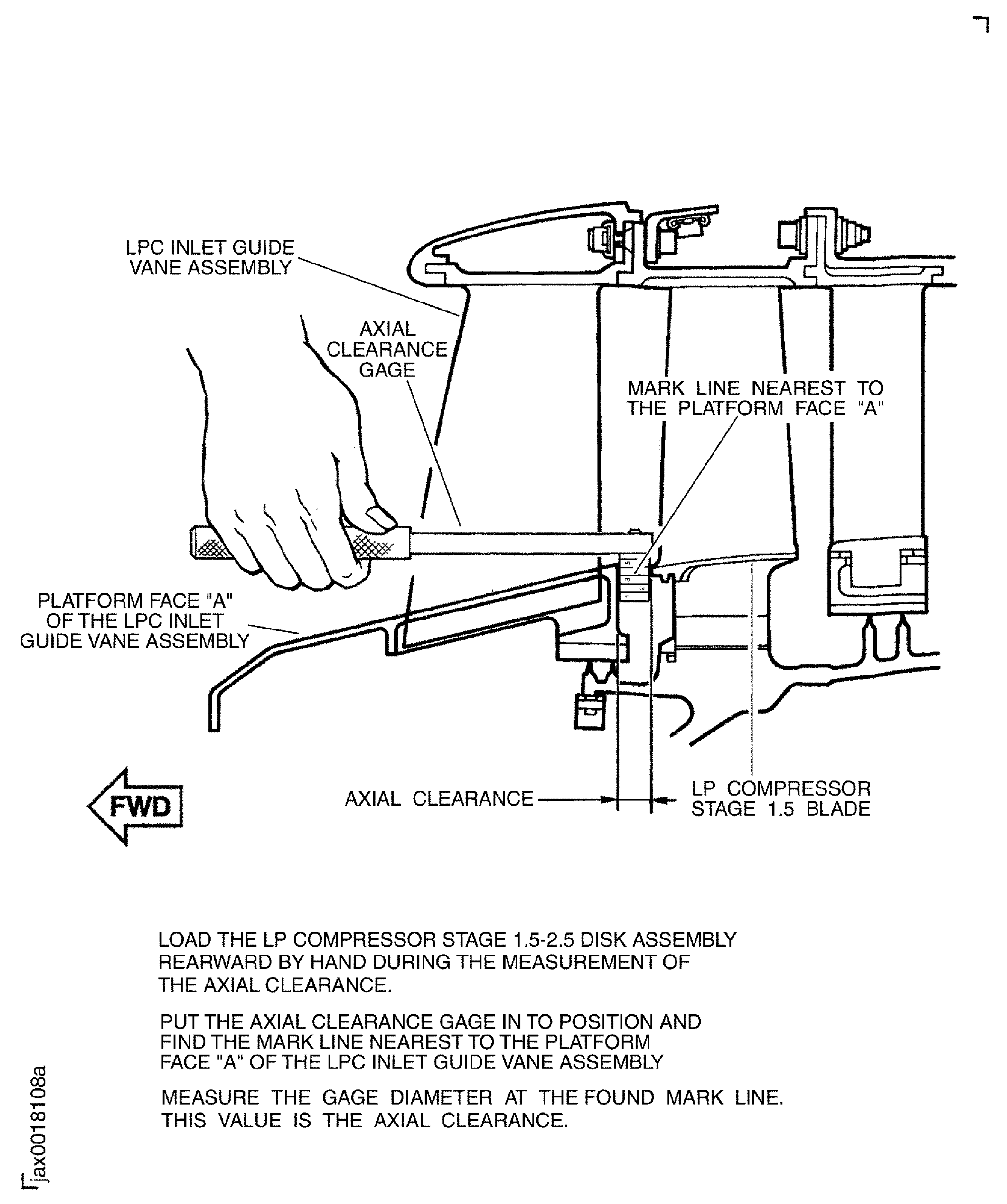 Measure the axial clearance between the fan outlet inner vane assembly and the LP compressor stage 1.5 blade