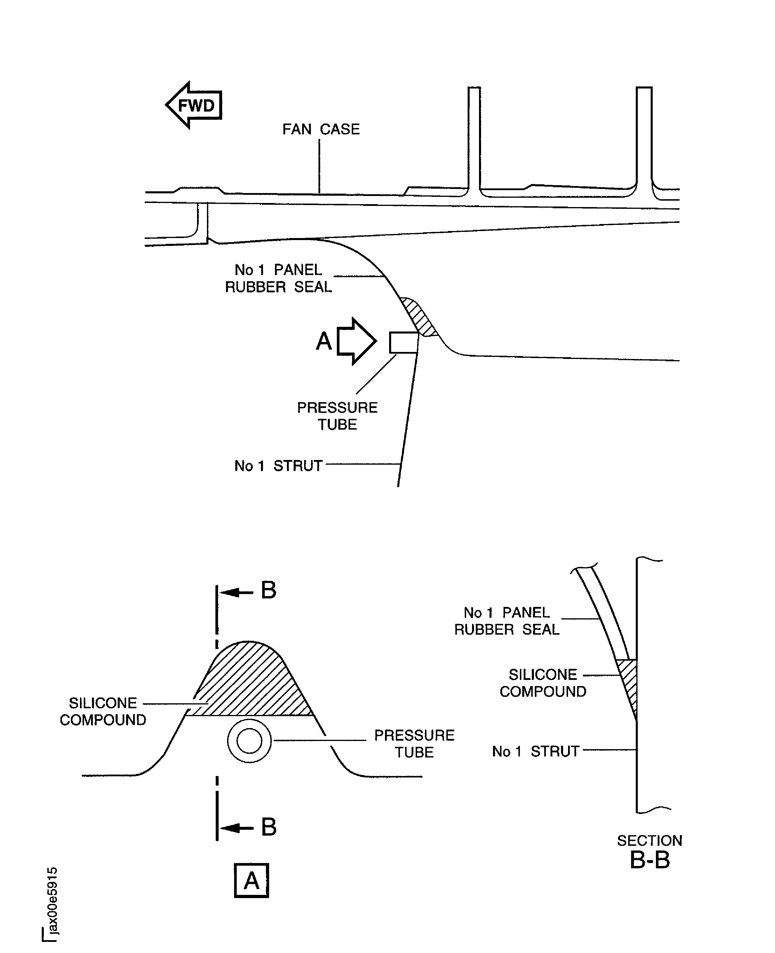 SBE 72-1056: Fill silicone compound into the corner between the No.1 panel rubber seal and the fan frame No.1 strut