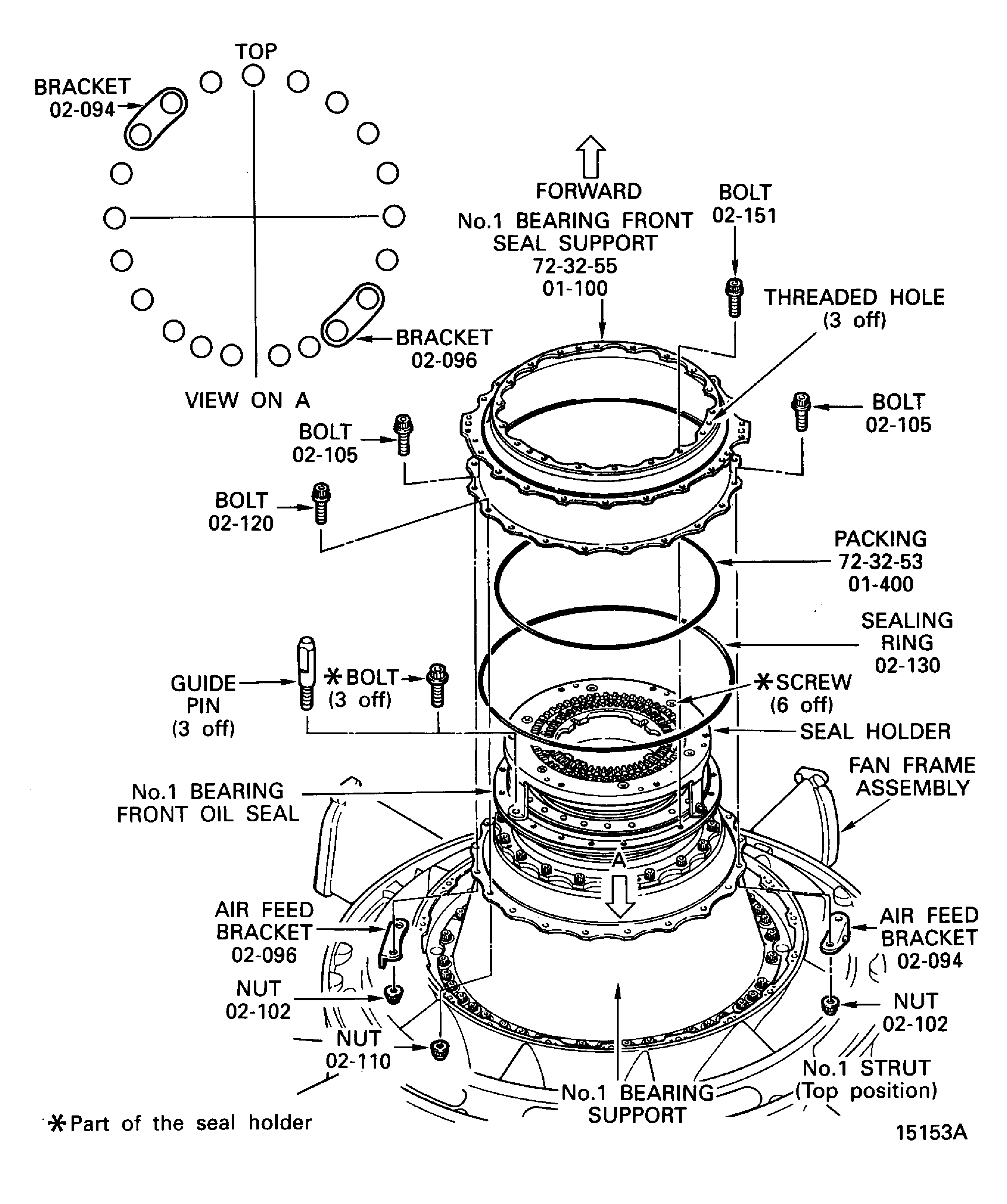 Install the No. 1 Bearing Front Seal Support and the Air Feed Brackets onto the No. 1 Bearing Support