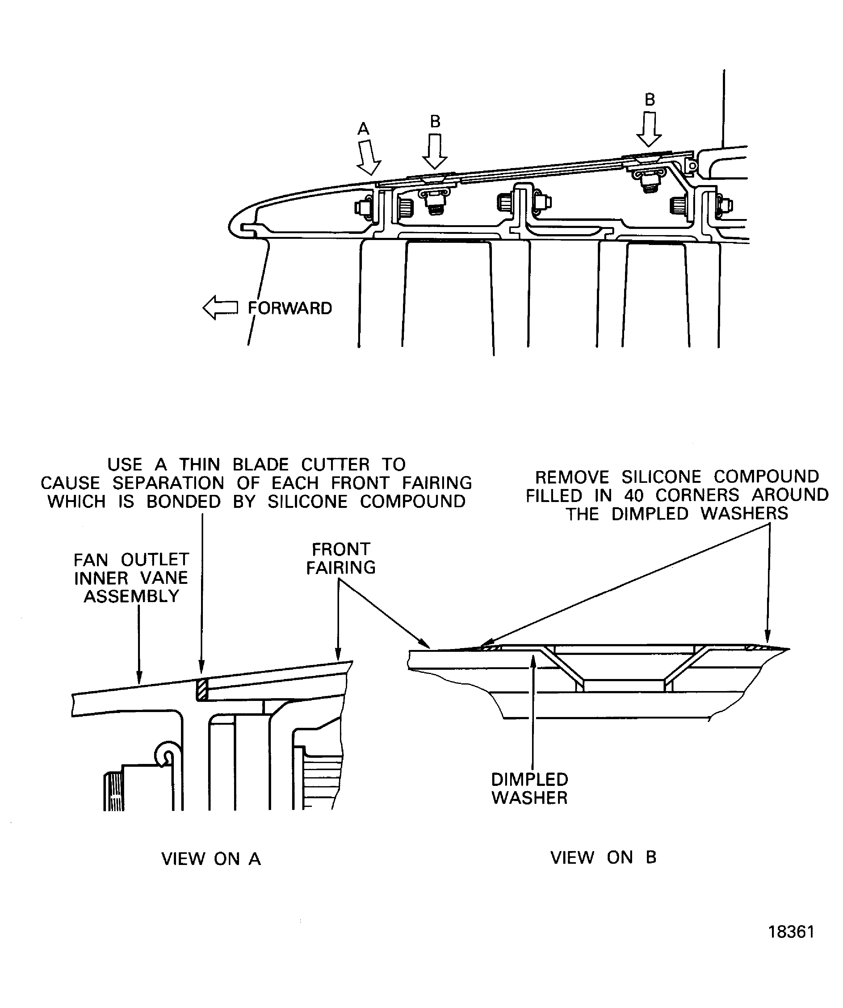 Remove the silicone compound from the front fairing, the dimpled washers and the fan outlet inner vane assembly