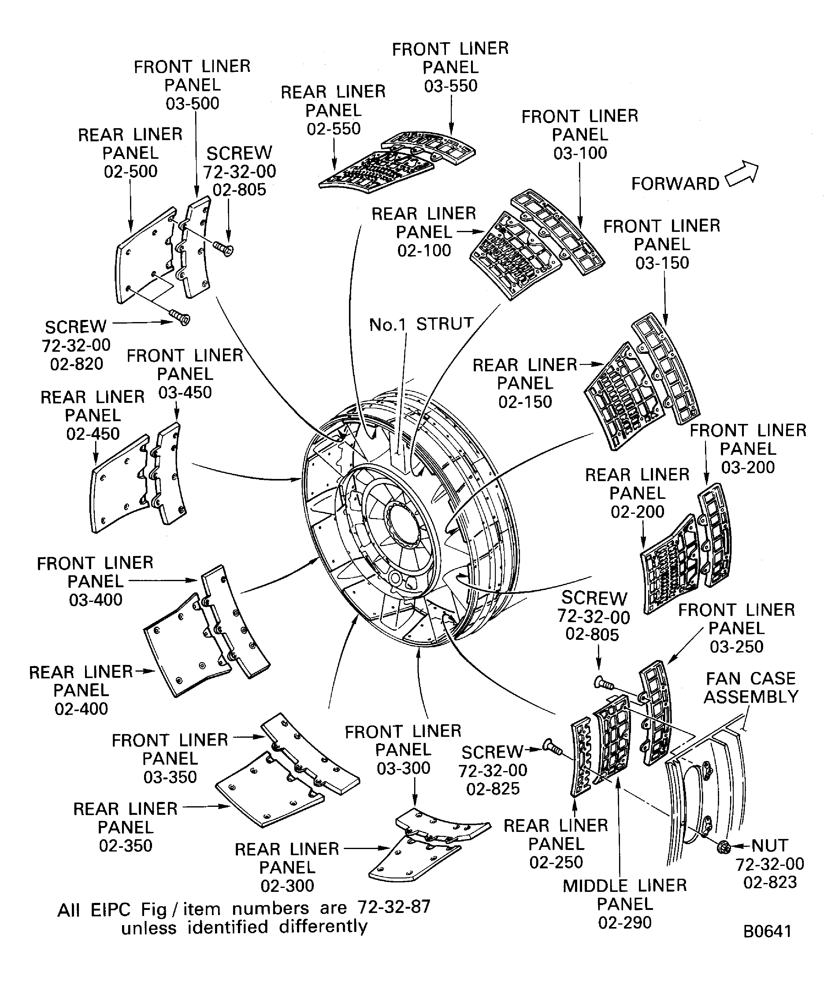 Install the rear liner panels, the middle liner panel and the front liner panels to the fan case