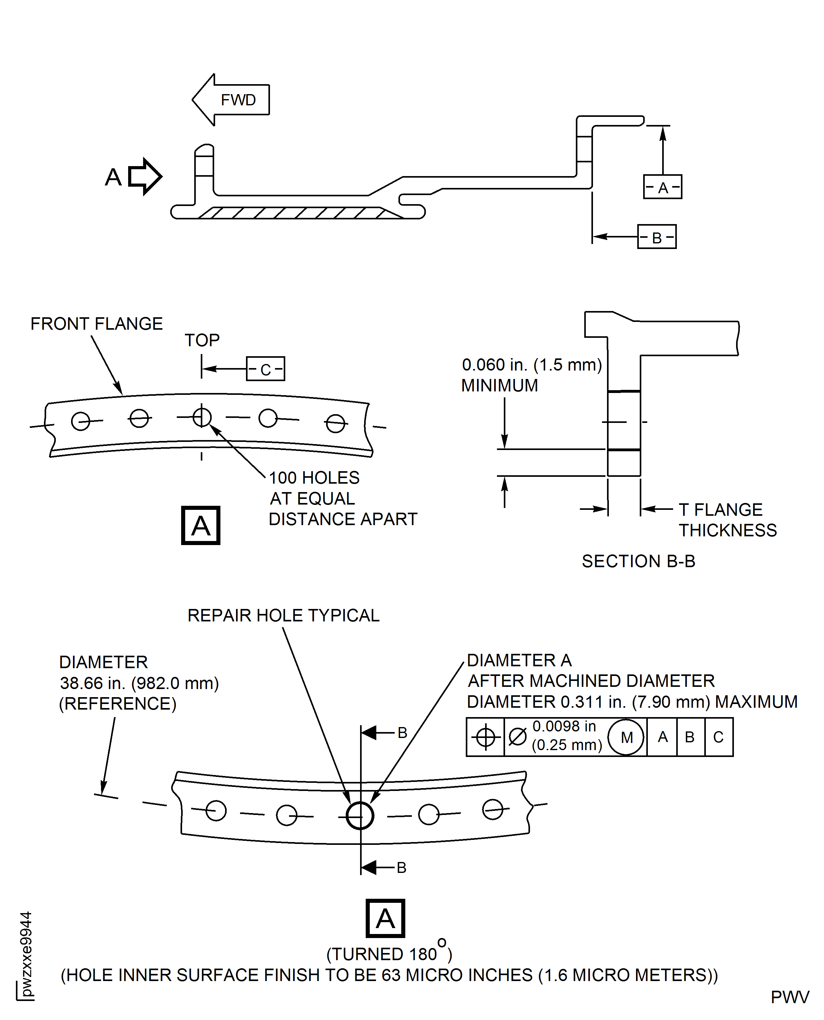 Repair Details and Dimensions for Damaged Bolt Hole on Front Flange