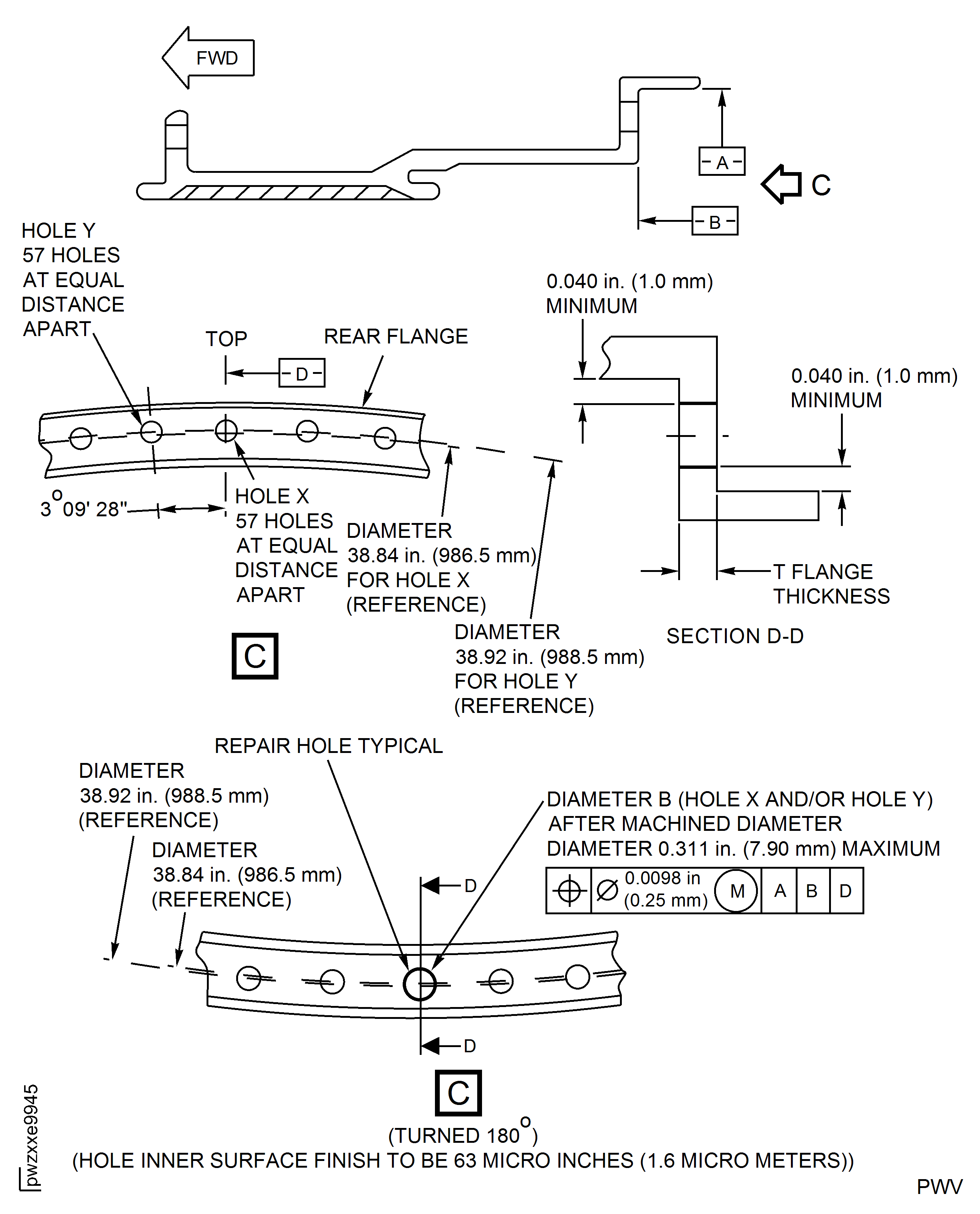 Repair Details and Dimensions for Damaged Bolt Hole on Rear Flange