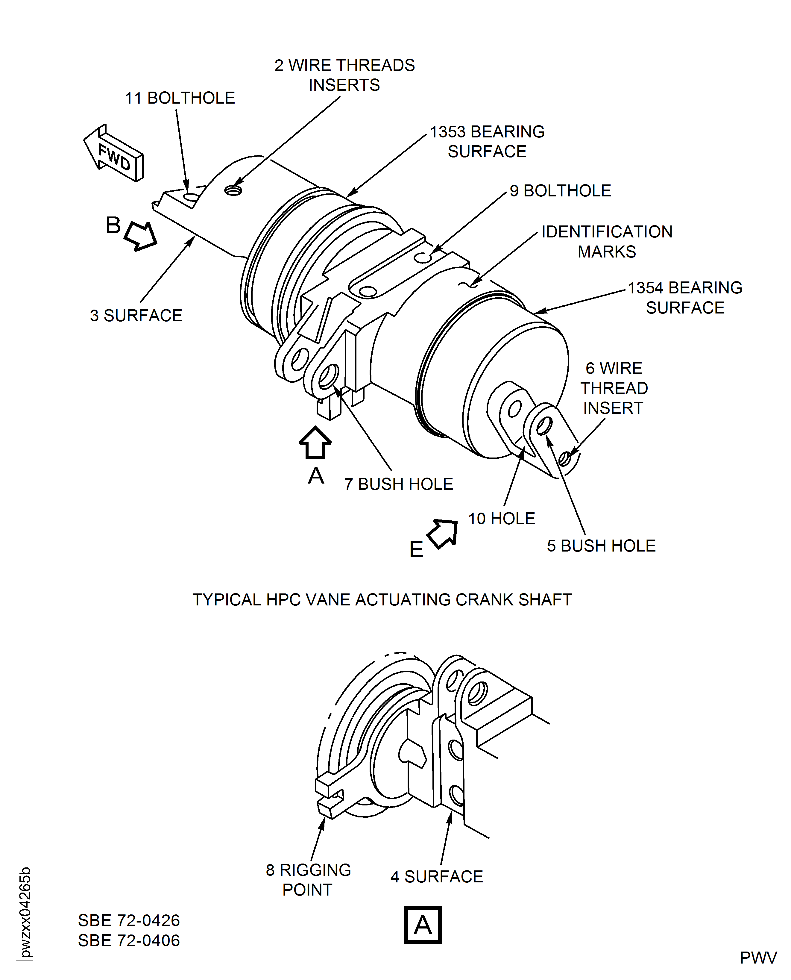 SBE 72-0406, SBE 72-0426 and Pre SBE 72-0564: Vane Actuating Crank Shaft - Inspection Locations