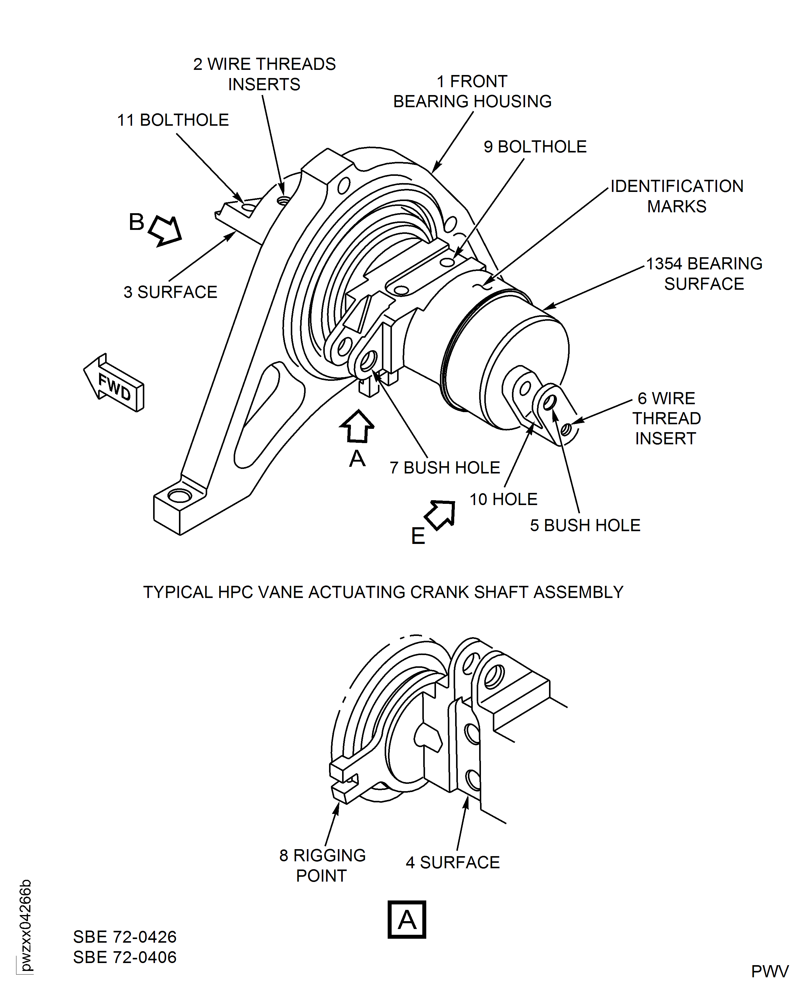 SBE 72-0406, SBE 72-0426 and Pre SBE 72-0564: Vane Actuating Crank Shaft - Inspection Locations