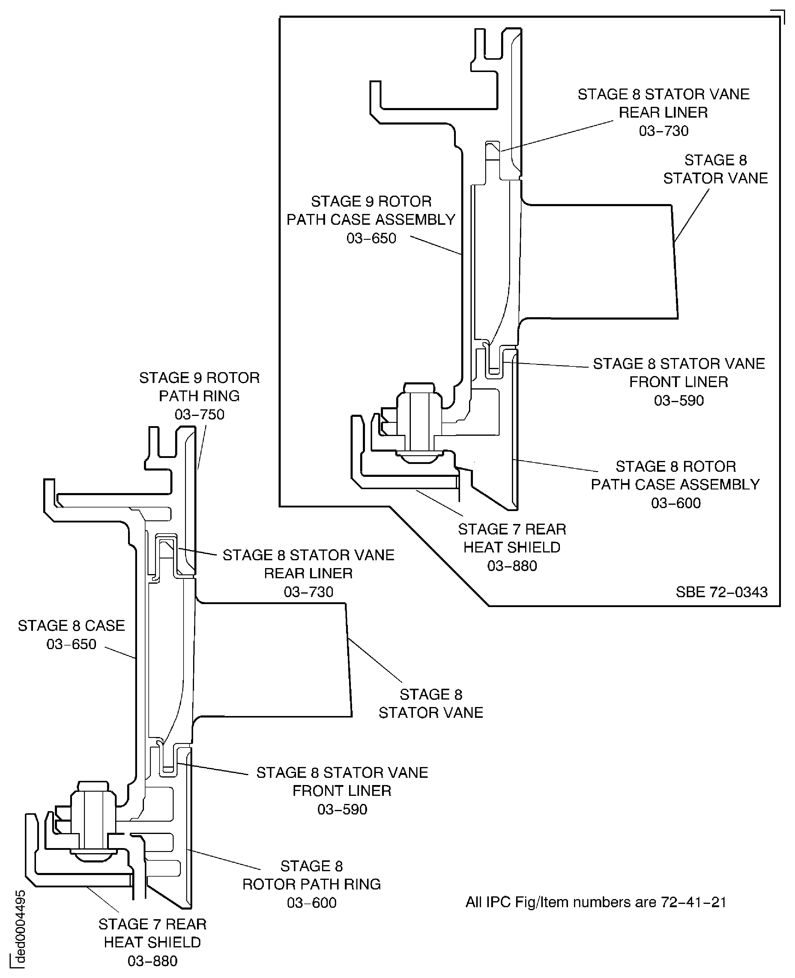 Pre SBE 72-0343 and SBE 72-0343: Remove the Stage 9 Rotor Path Ring, the Stage 8 Case and the Stator Vanes