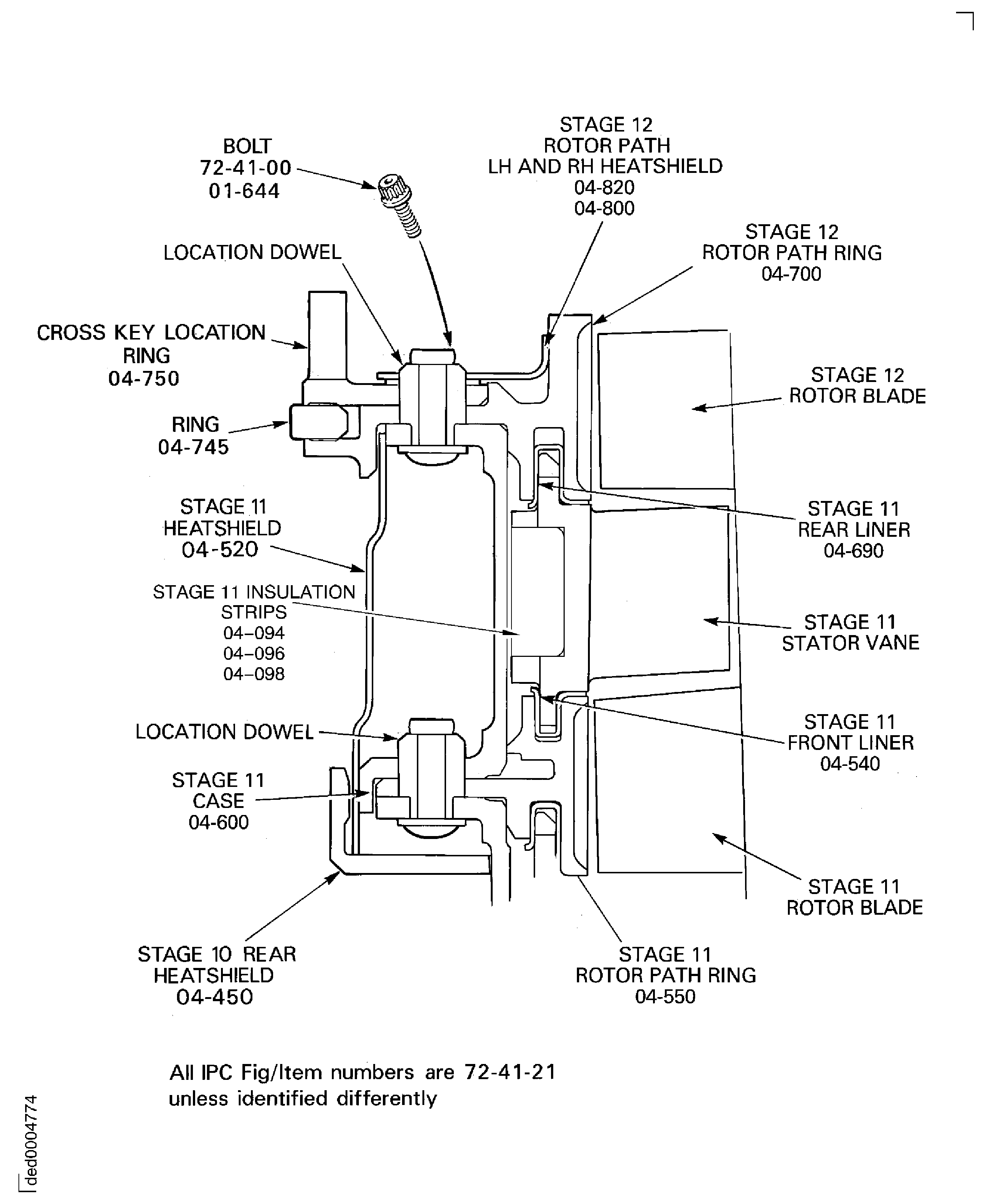 Remove the stage 12 rotor path heatshields and the cross key location seal carrier and the stage 11 stator vanes