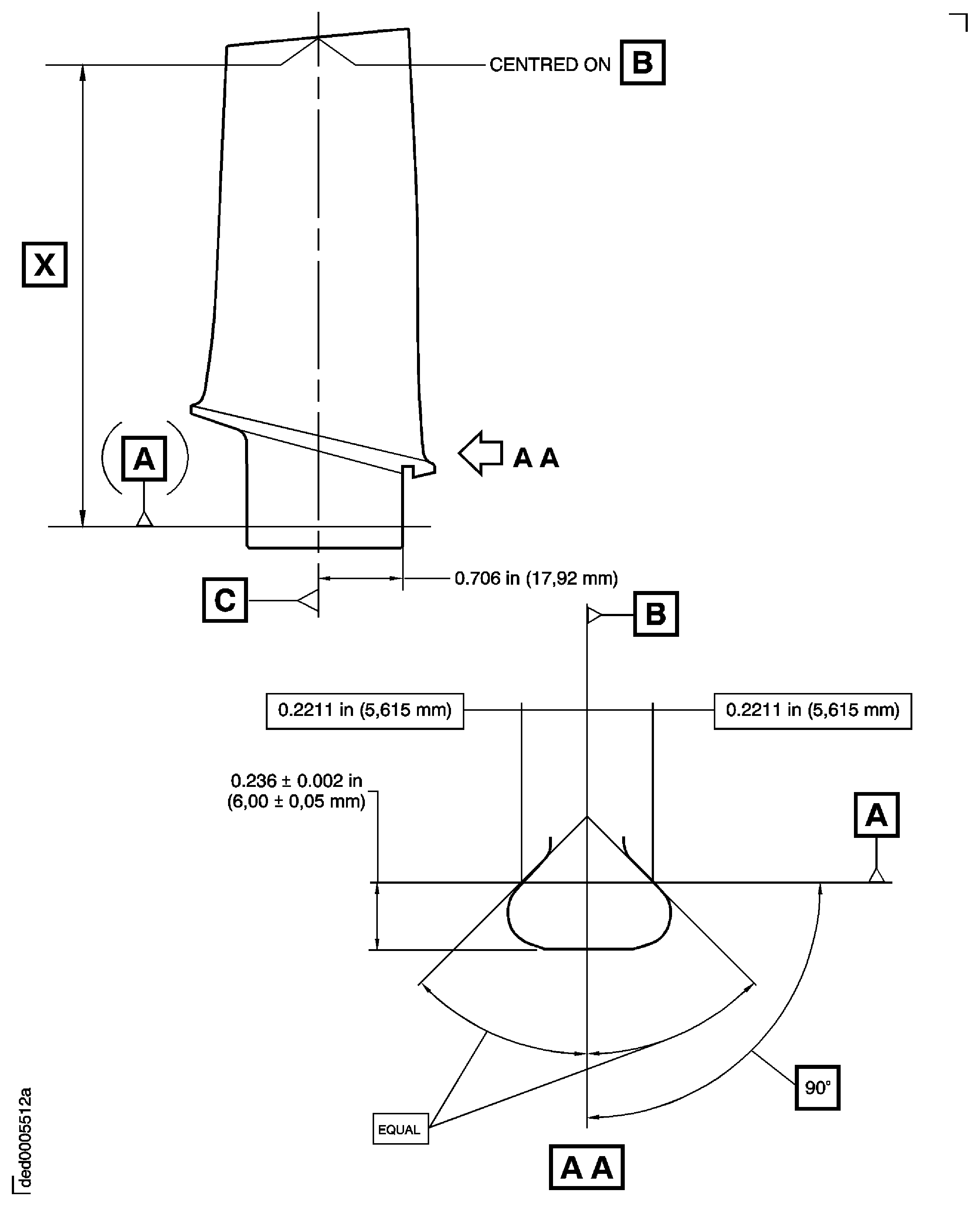 Stage 4 rotor blade - measure length "X"