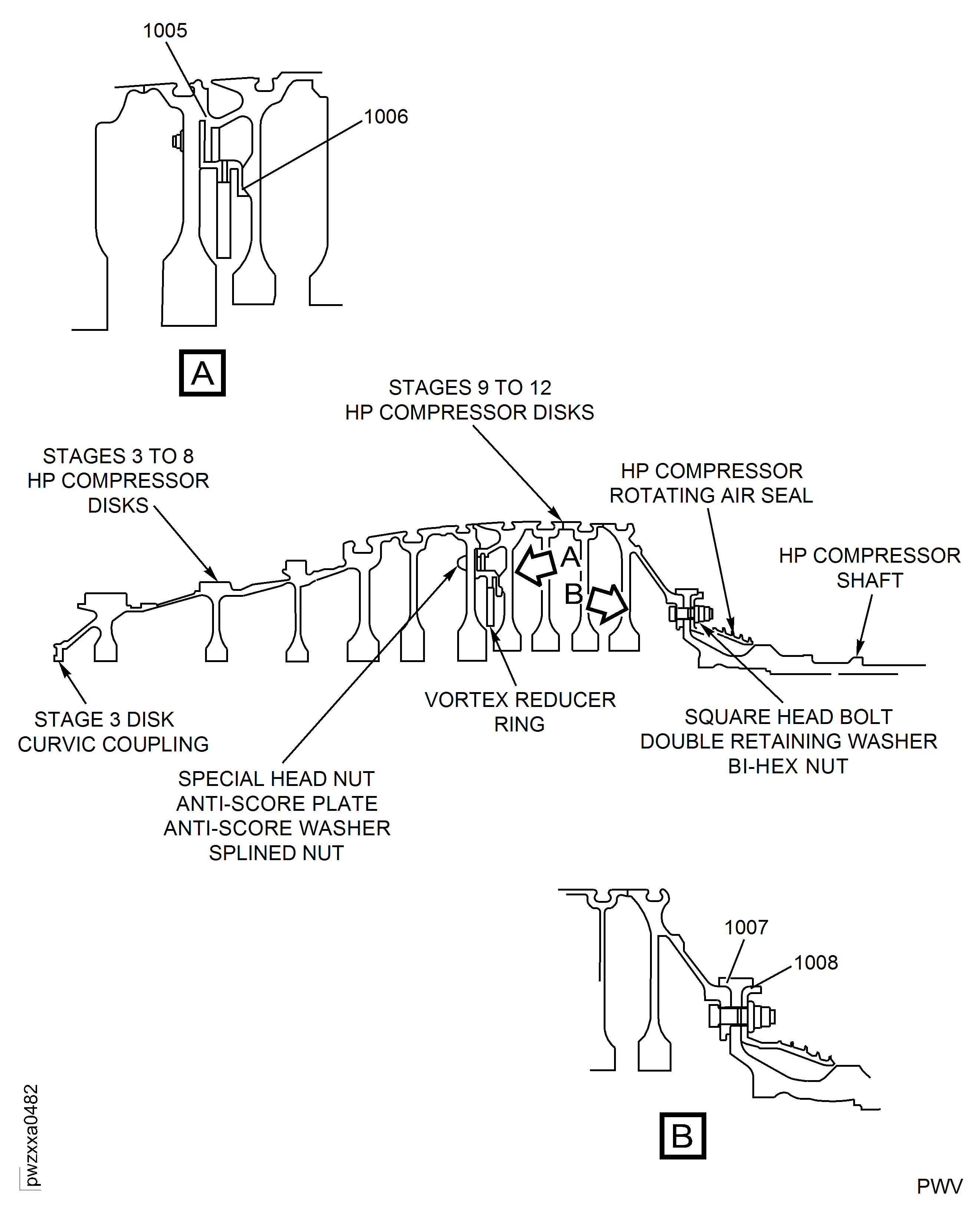 Stages 3 to 8 HP Compressor Disks, the Vortex Reducer Ring, the Stages 9 to 12 HP Compressor Disks and the HP Compressor Shaft (Post SB 72-0687)