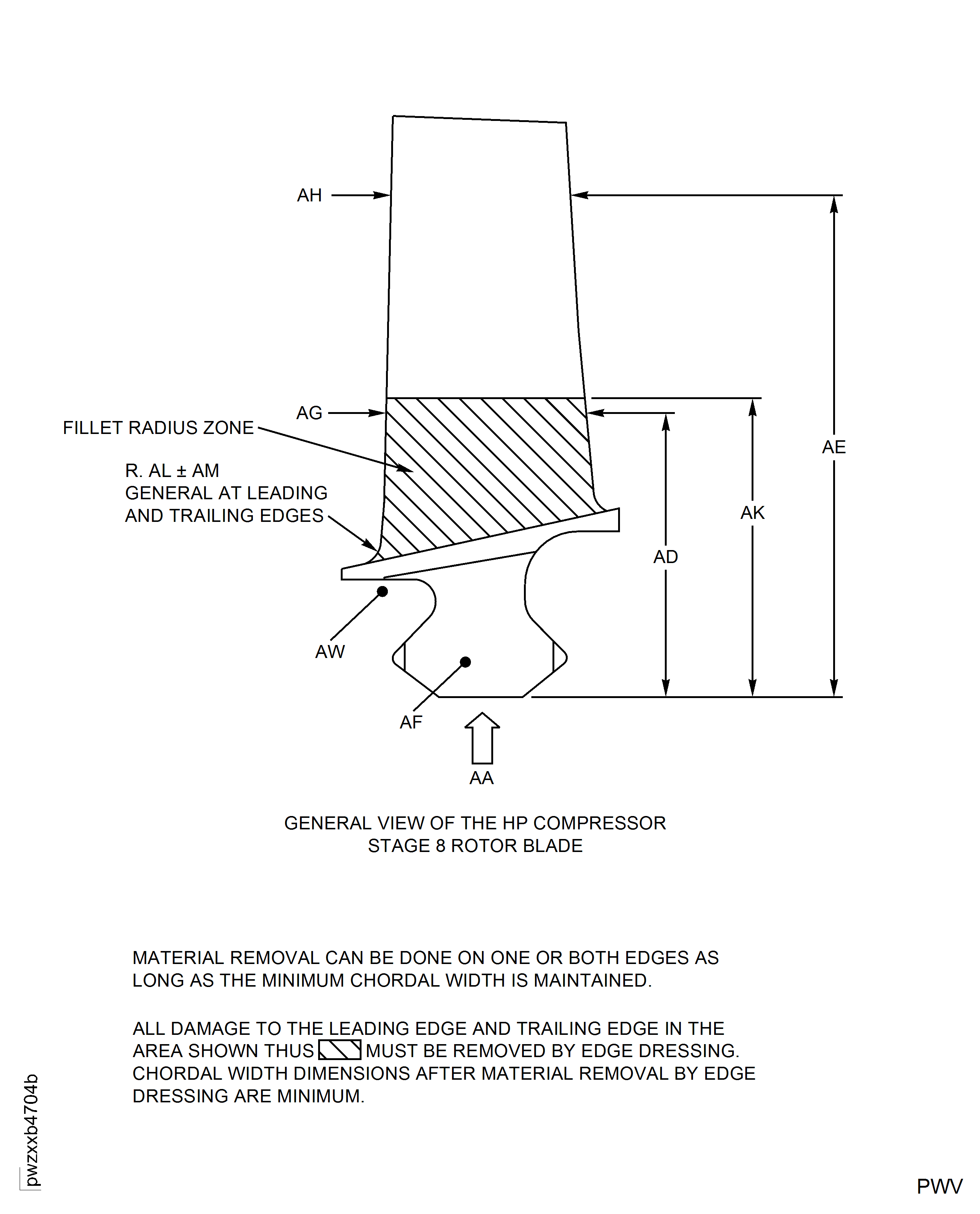 HP Compressor Stage 8 Rotor Blade - Leading And Trailing Edge Blending Details And Dimensions - Assembly A And Assembly B