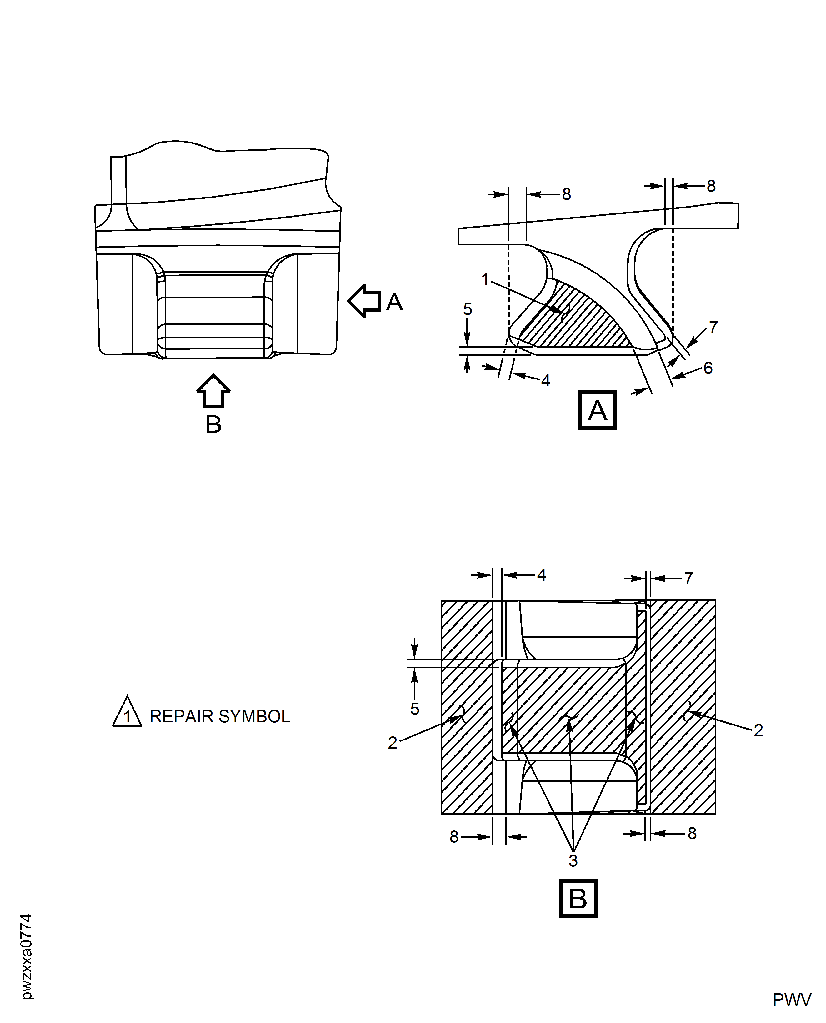 HPC Stage 9 Rotor Blade - Repair Marking Areas