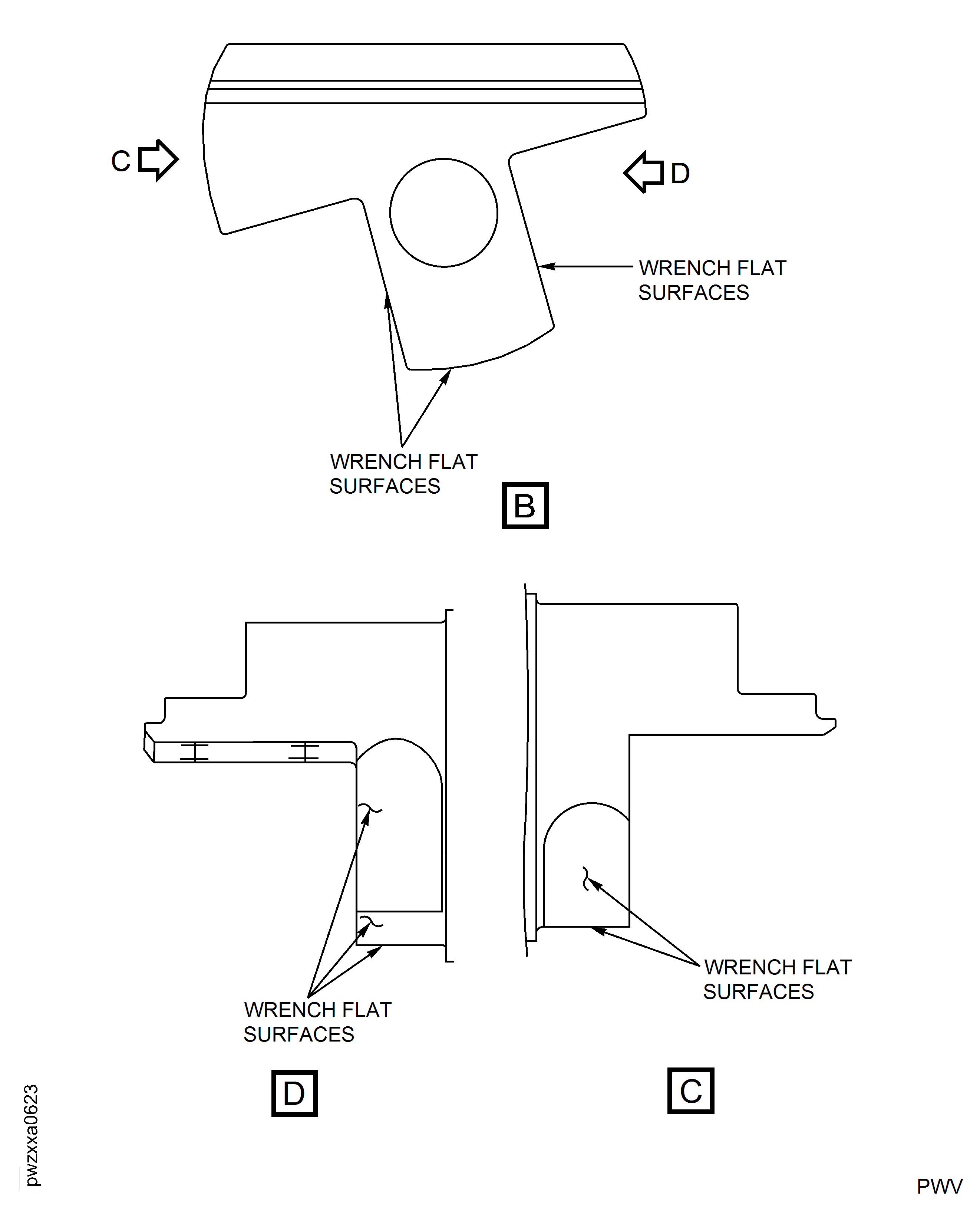 Vane Actuating Crank Shaft Assembly - Wrench Flat Inspection Locations (Applicable to PN 6A7975 Only)