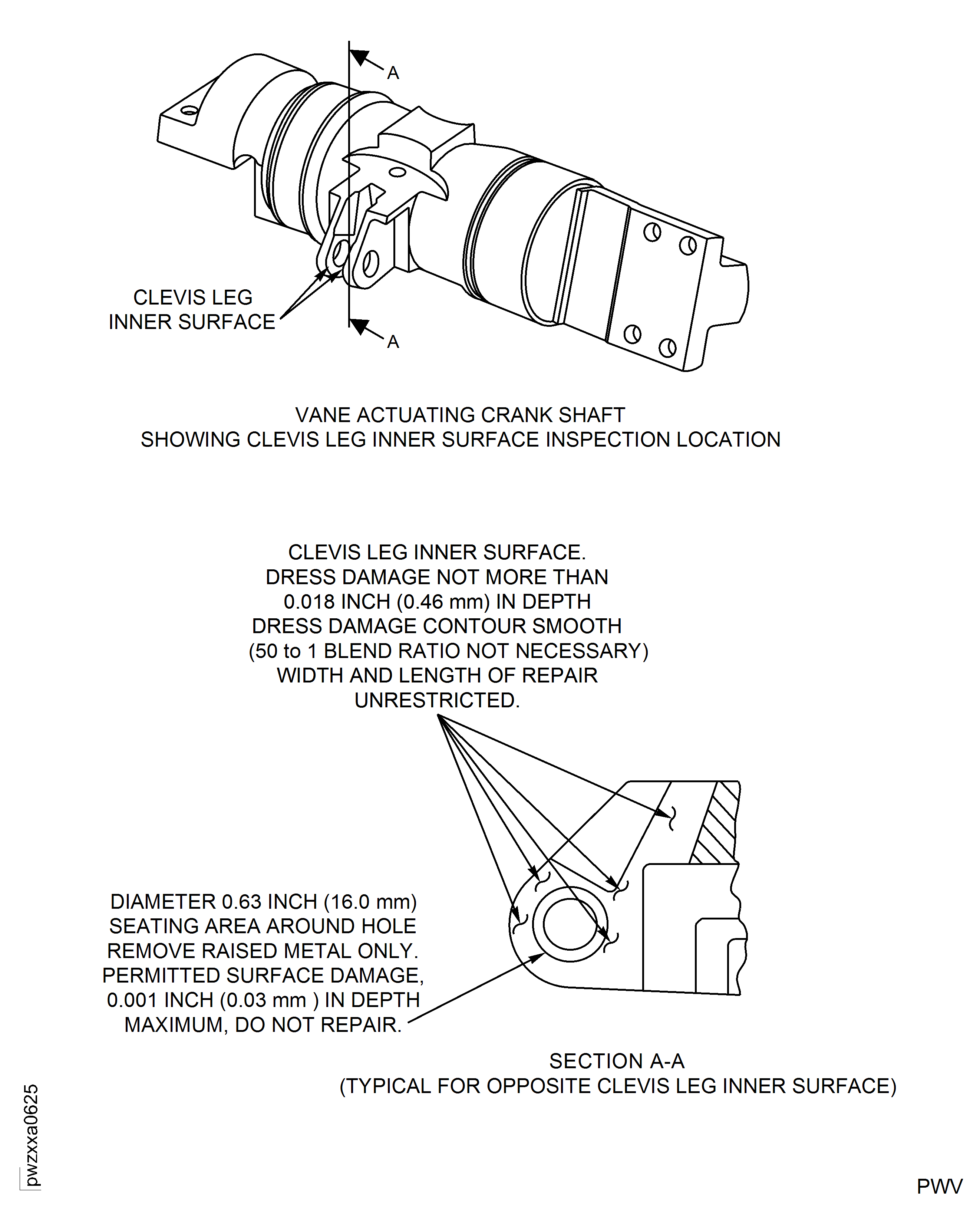 Vane Actuating Crank Shaft Assembly - Clevis Leg Inner Surface Inspection Locations