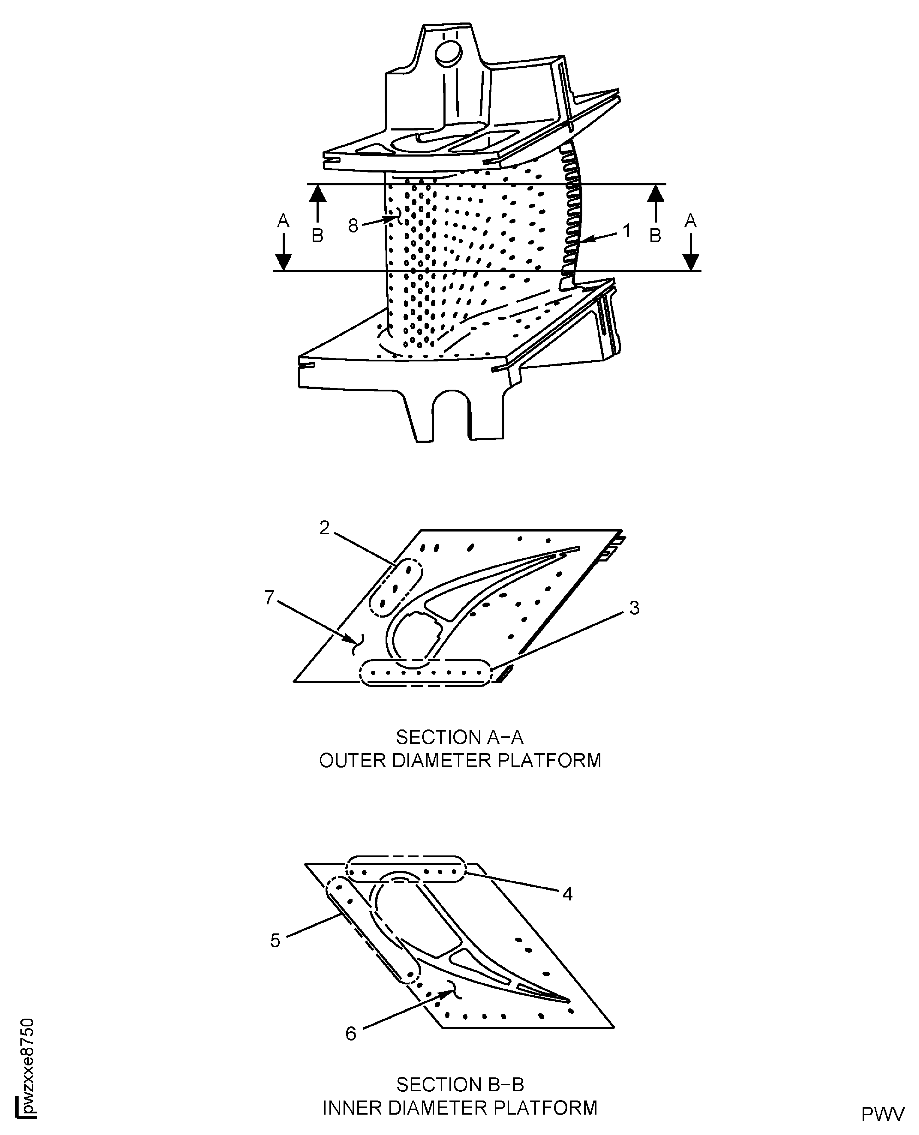 Stage 1 HPT Vane Assembly Cooling Air Holes Inspection Locations