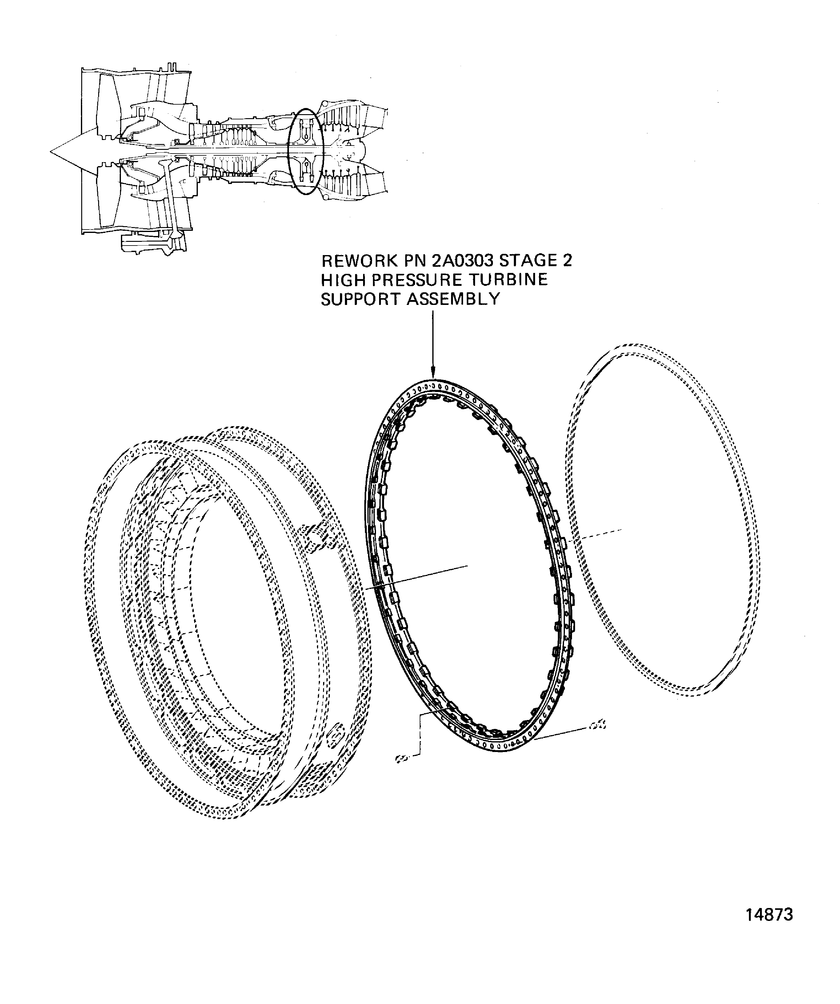 Location of the stage 2 HPT support assembly
