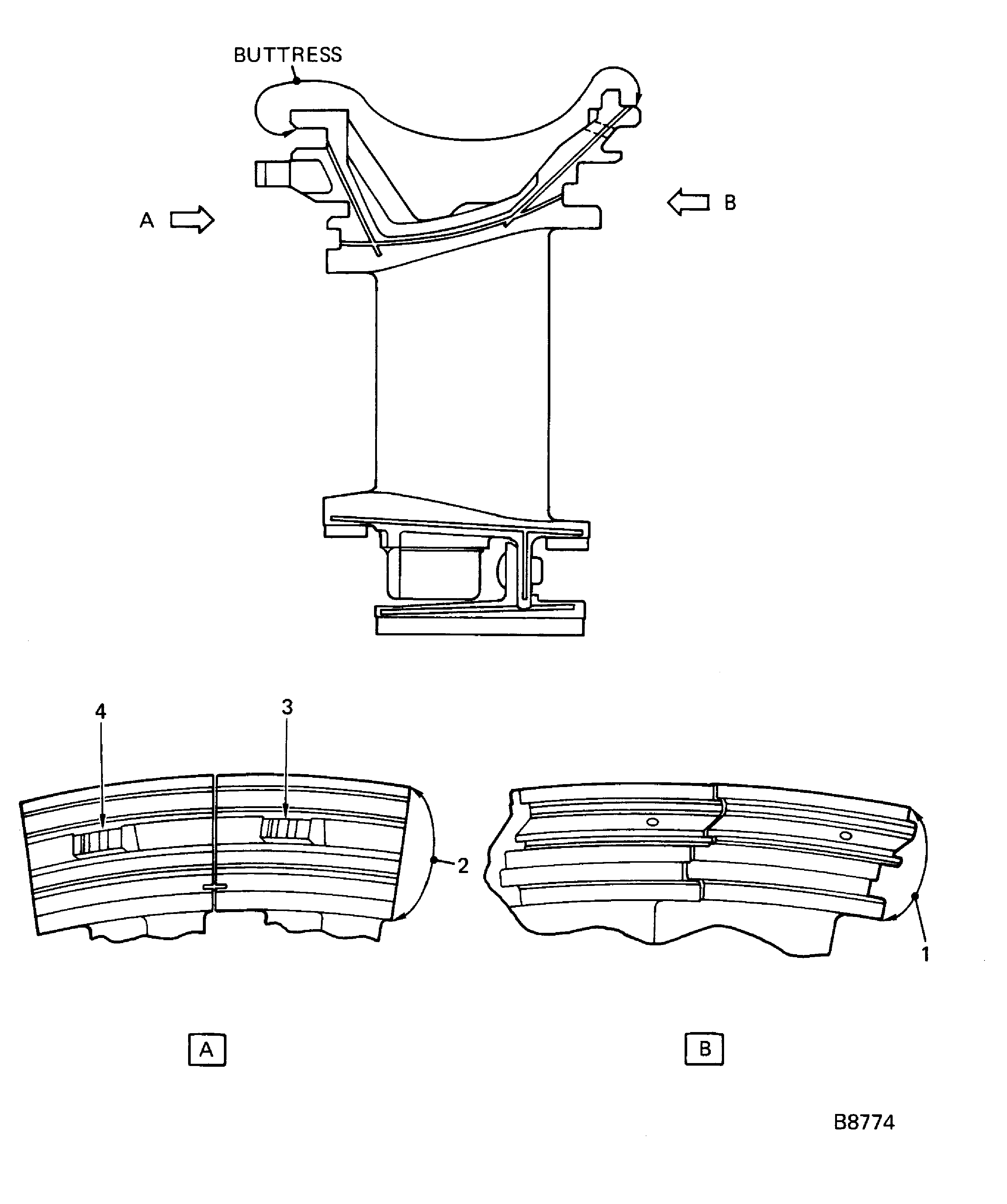 Stage 2 HPT Ring Segment and Vane Cluster Positioning Lugs and Buttress Inspection Locations