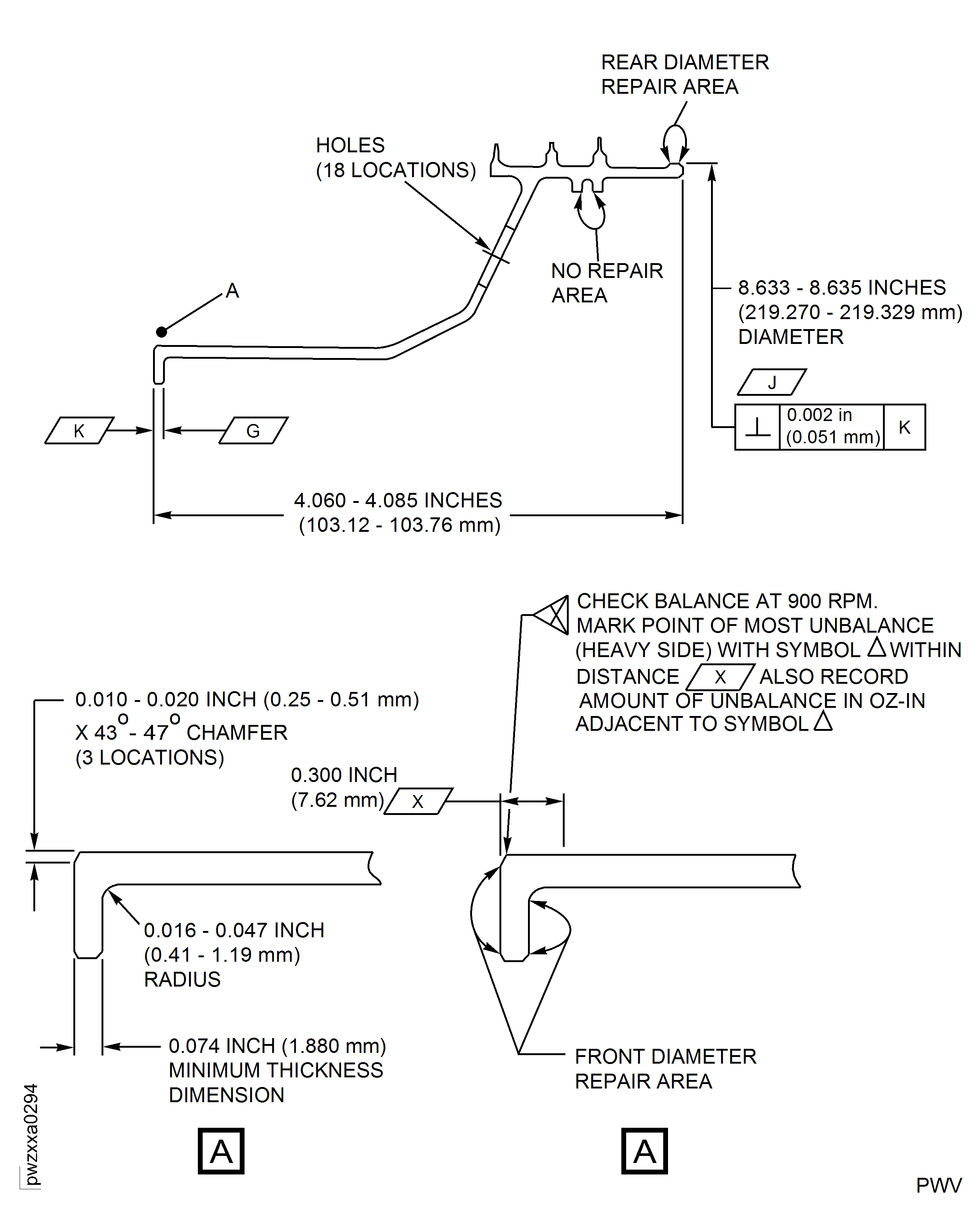 Repair Details and Dimensions (For PNs 2A0884 and 2A0884-001)