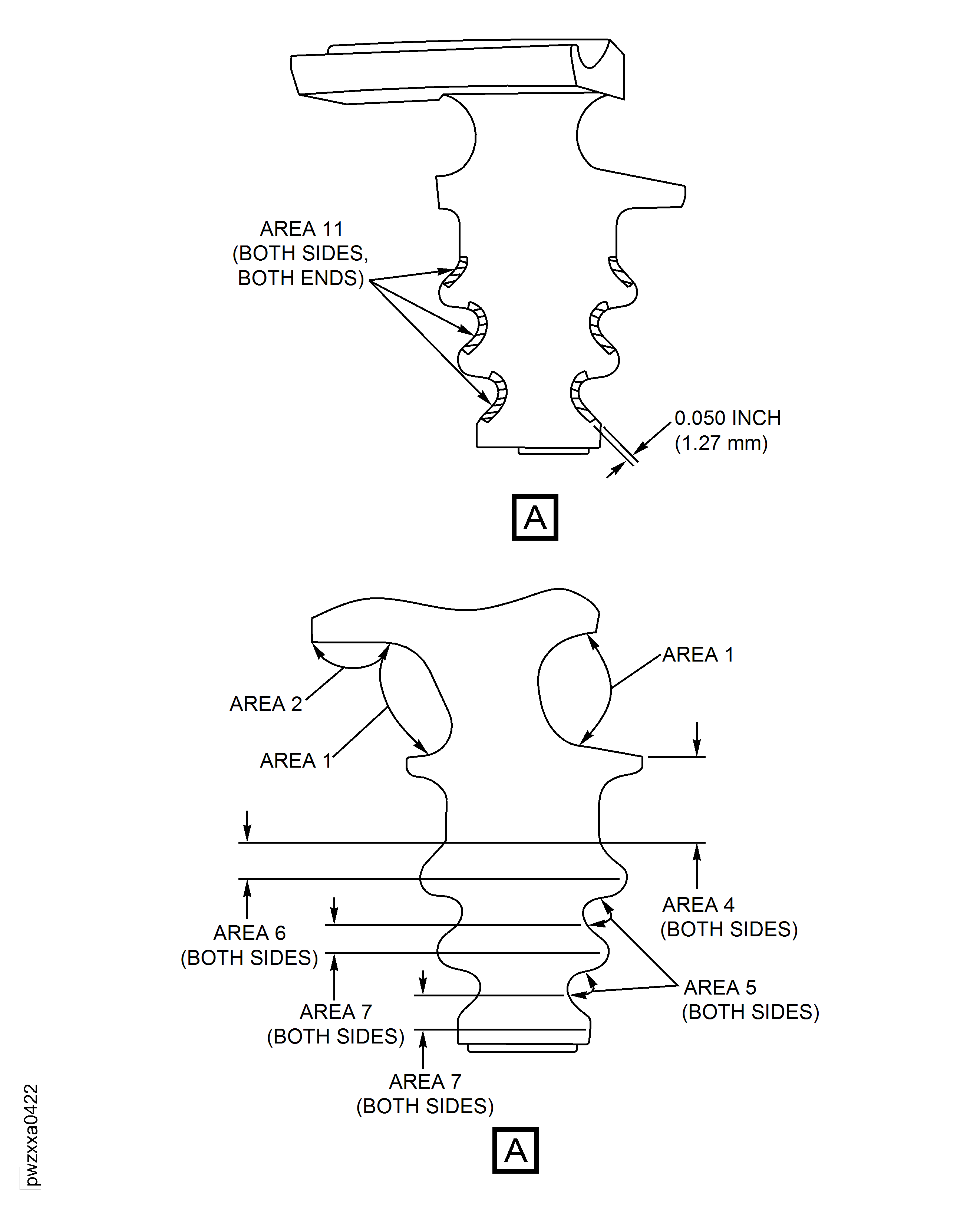 HPT Blade Root and Root Attachment Area Inspection Locations For All Part Numbers Except 2A4722