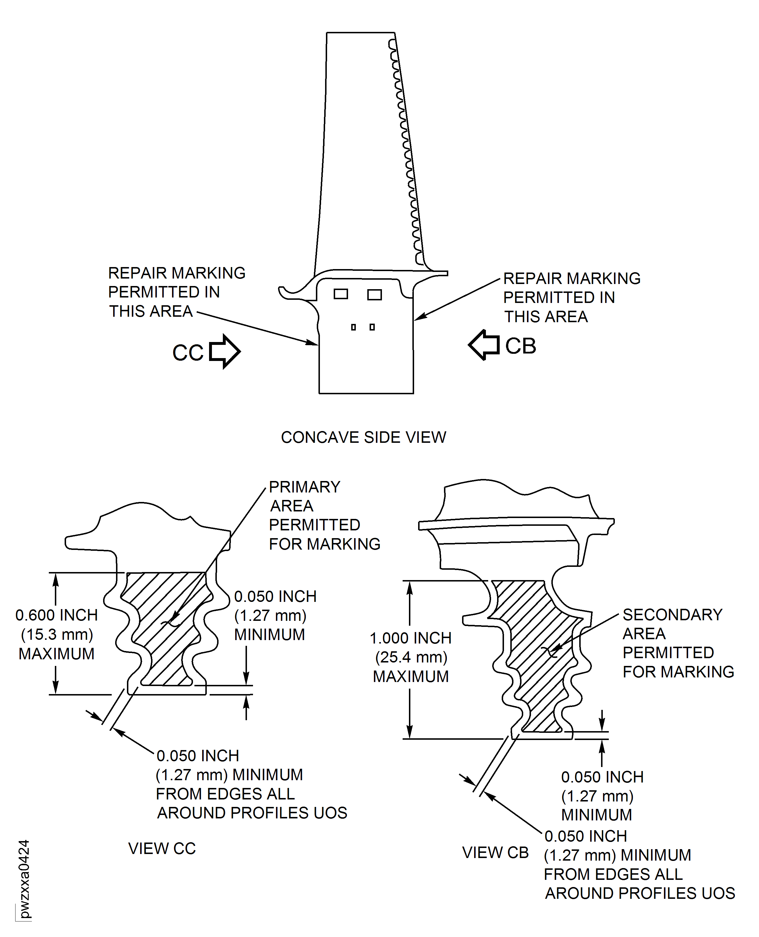 Stage 2 HPT Blade Root and Root Attachment Previous Repair Code Markings Acceptance Area
