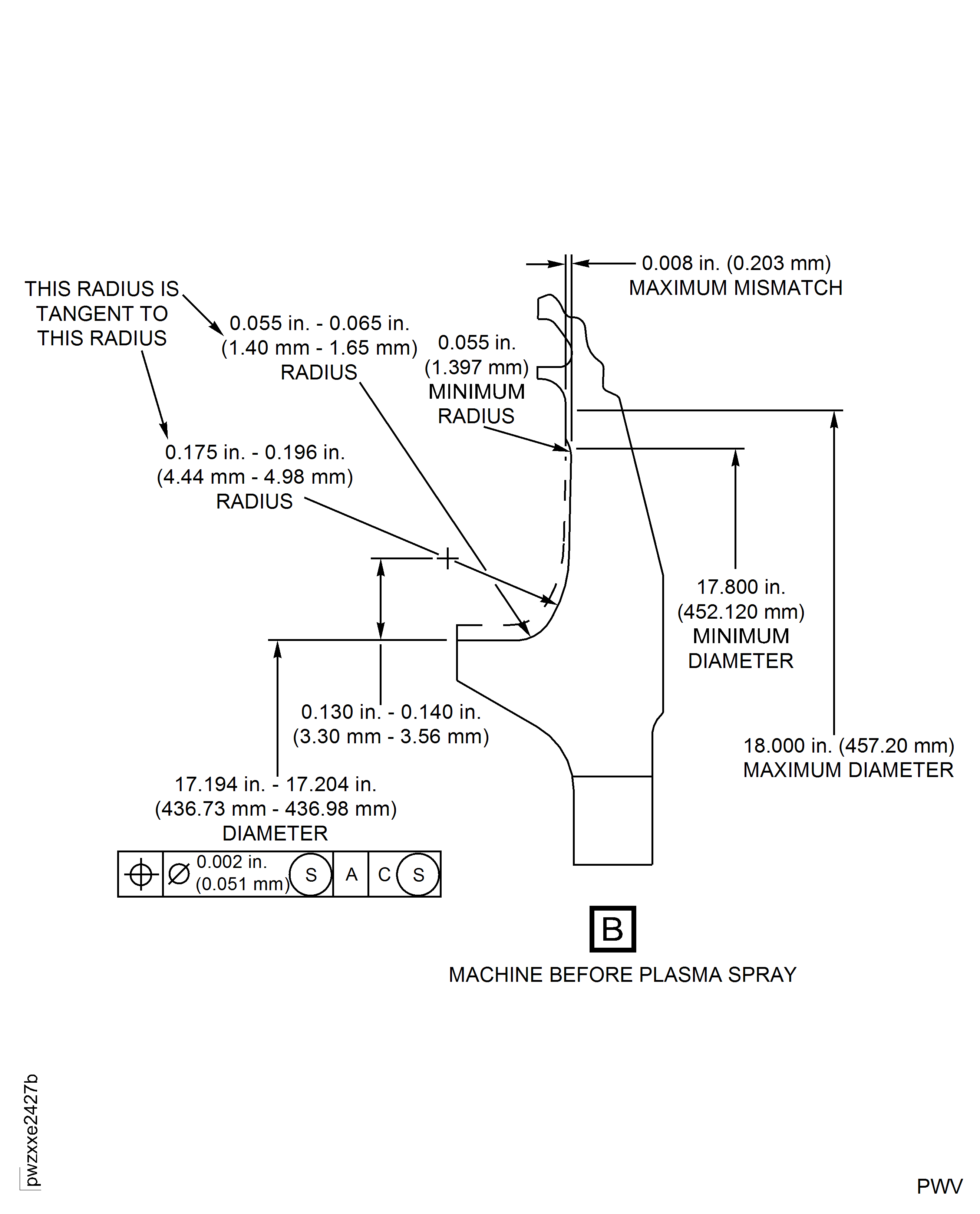 HPT Stage 2 Blade Retaining Plate Grind/Machine Before Plasma Spray Dimensions for PN 2A2097, 2A3426 and 2A3437