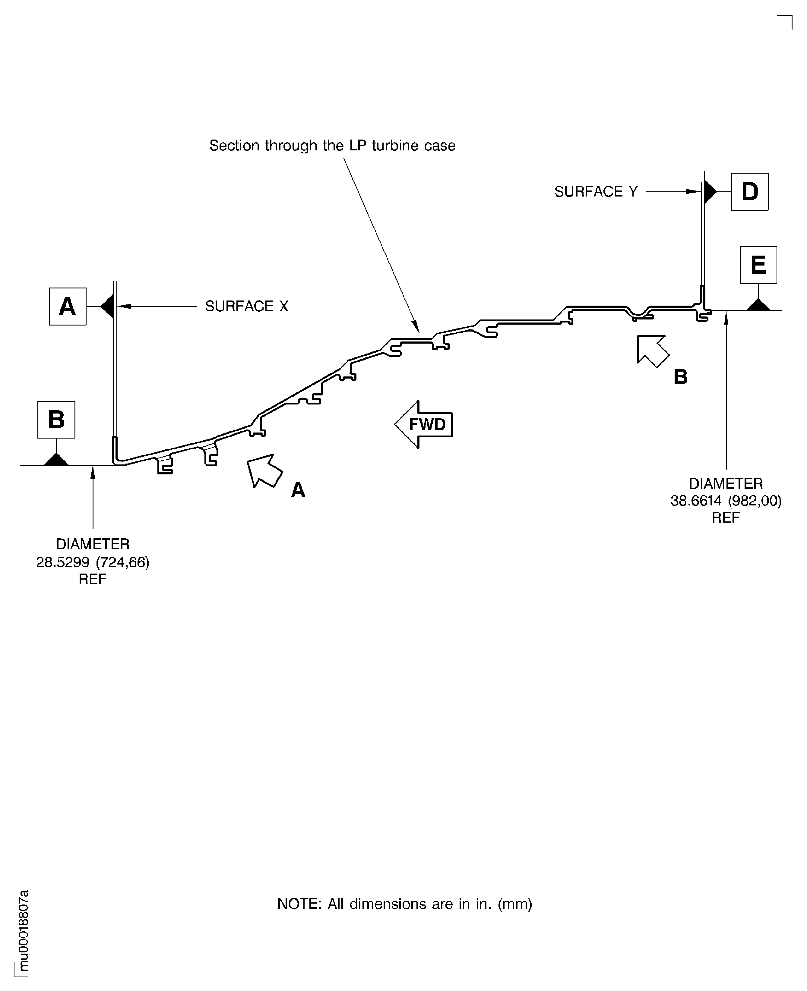 LP turbine case rear vane hook diameters before plasma spraying