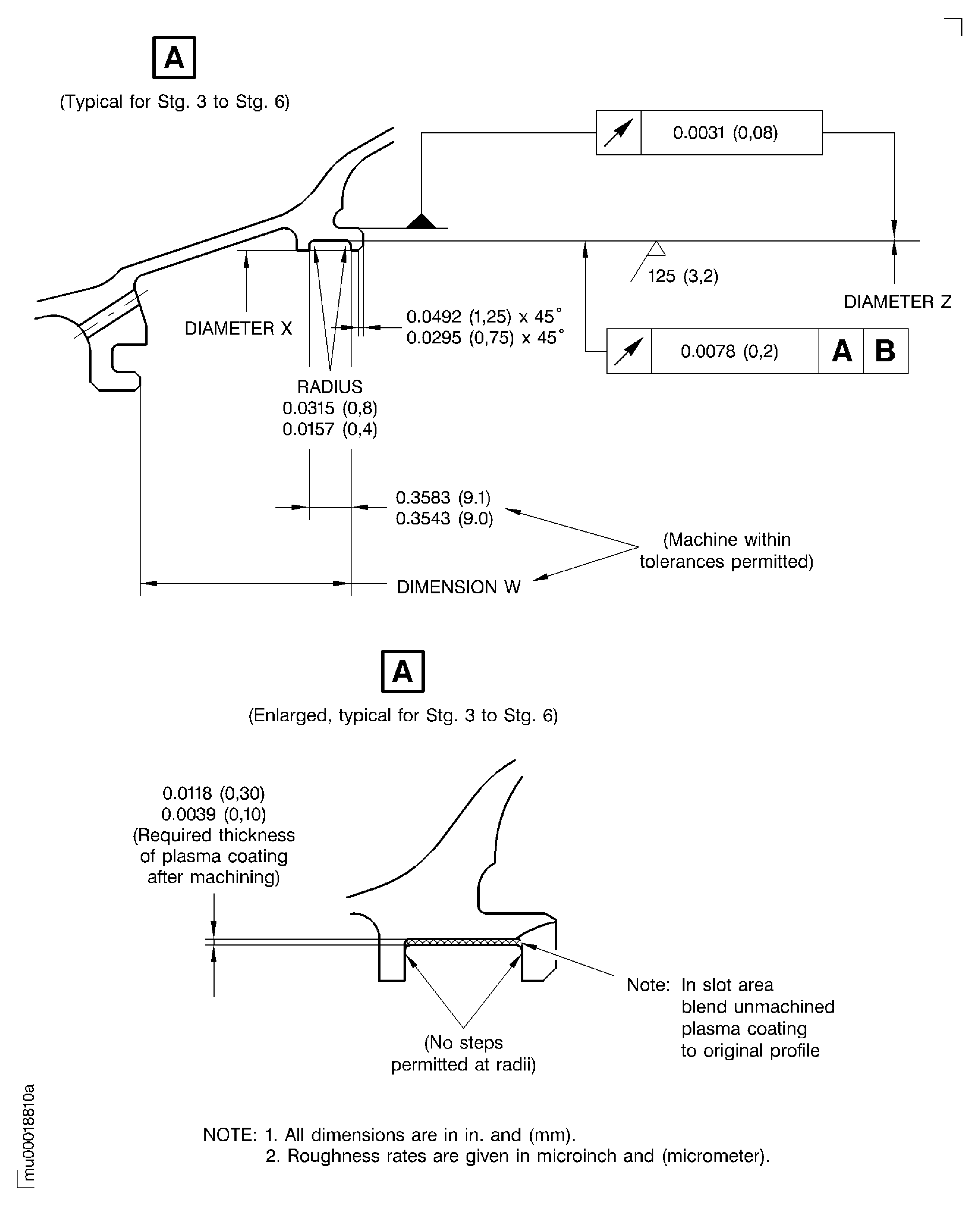 LP turbine case rear vane hook diameters after plasma spraying
