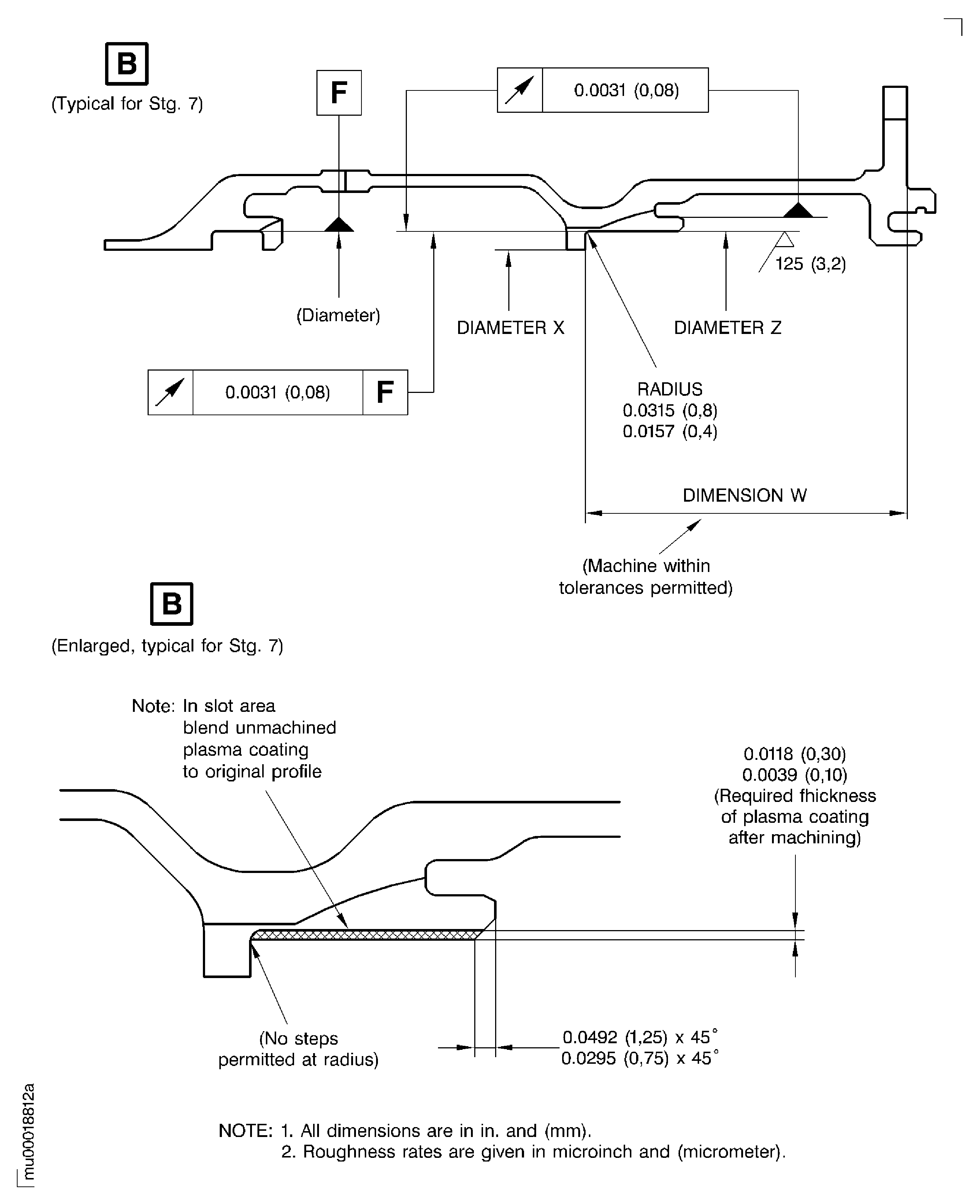 LP turbine case rear vane hook diameters after plasma spraying