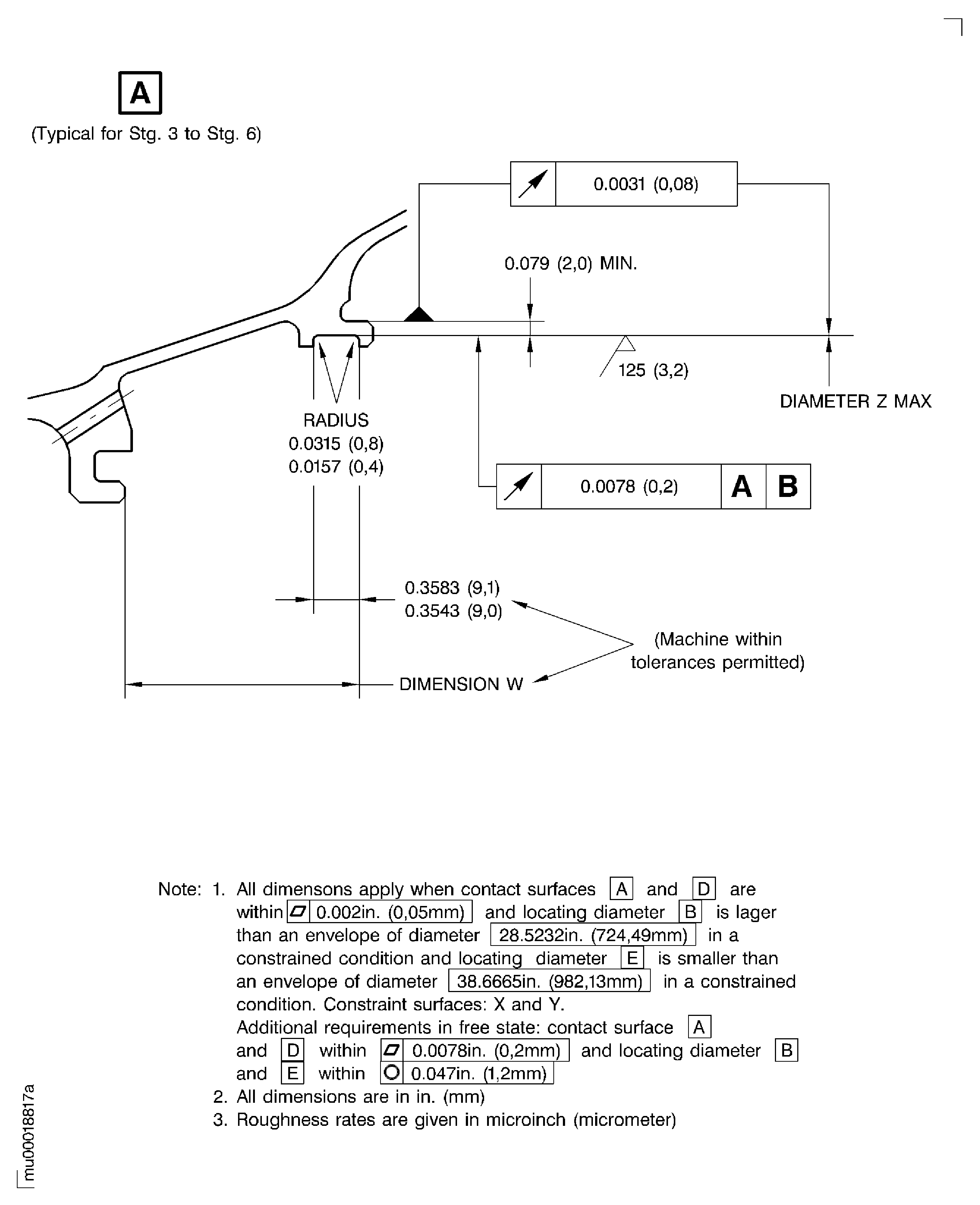 LP turbine case rear vane hook diameters before plasma spraying