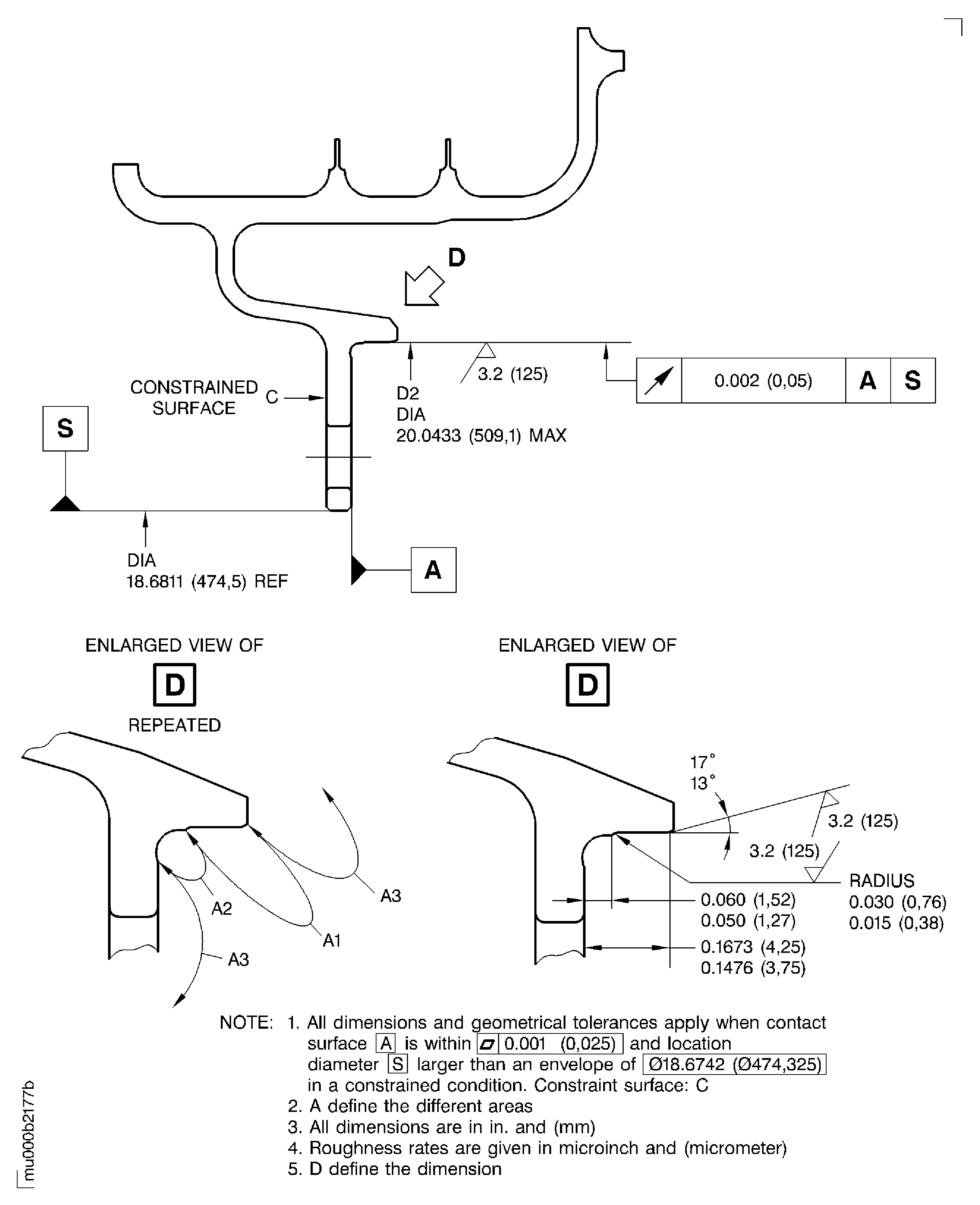 Dimensions and areas before plasma spraying