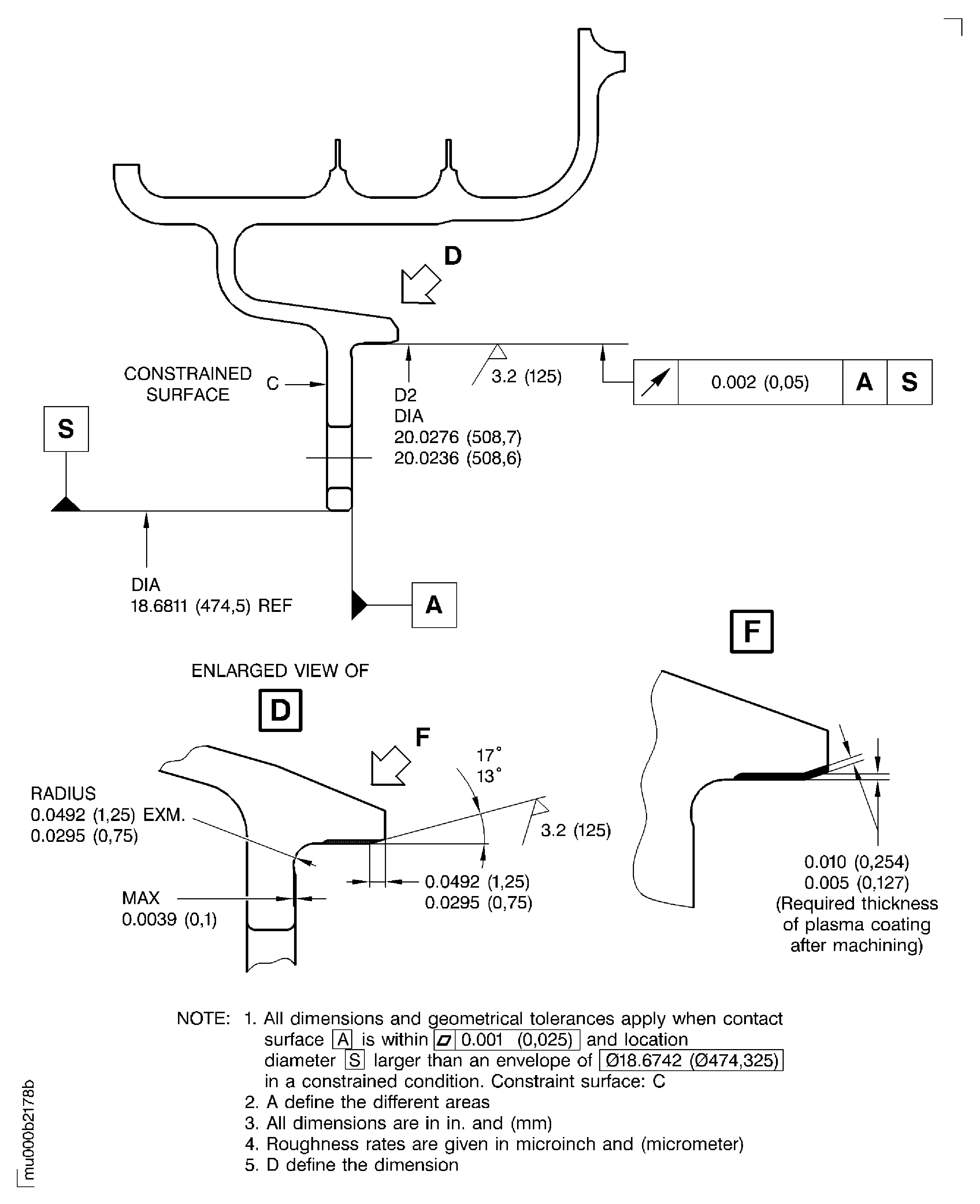 Dimensions and areas after plasma spraying