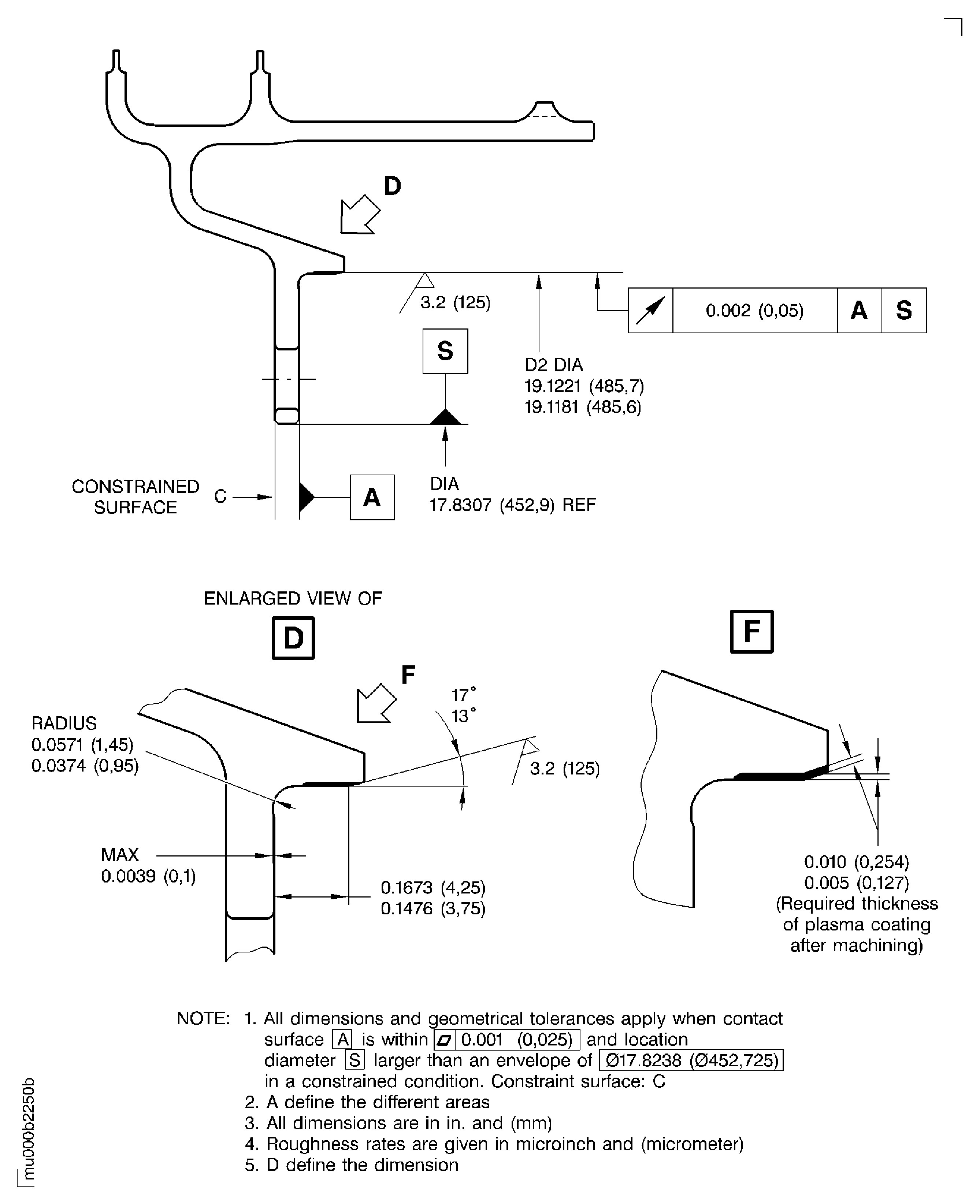 Dimensions and areas after plasma spraying