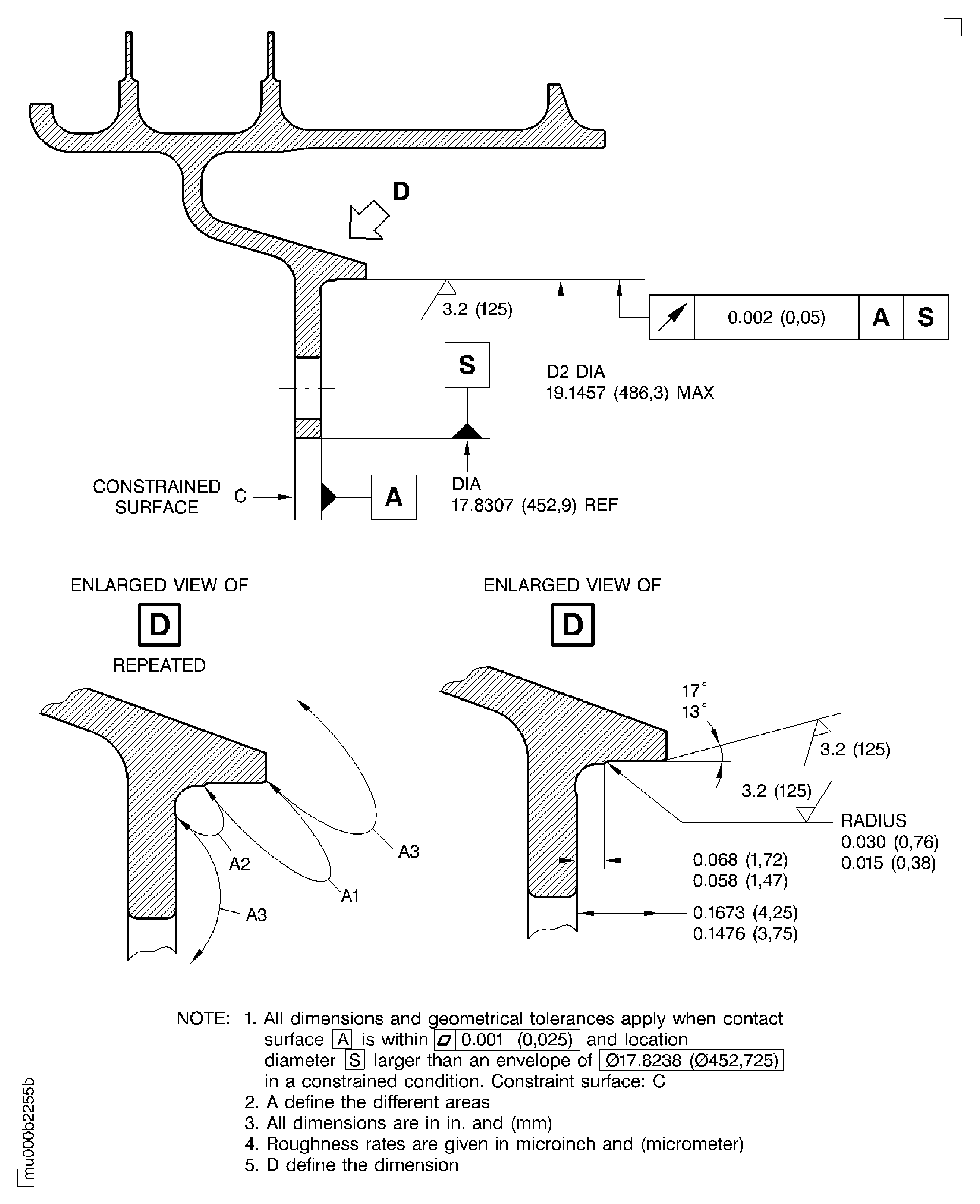 Dimensions and areas before plasma spraying