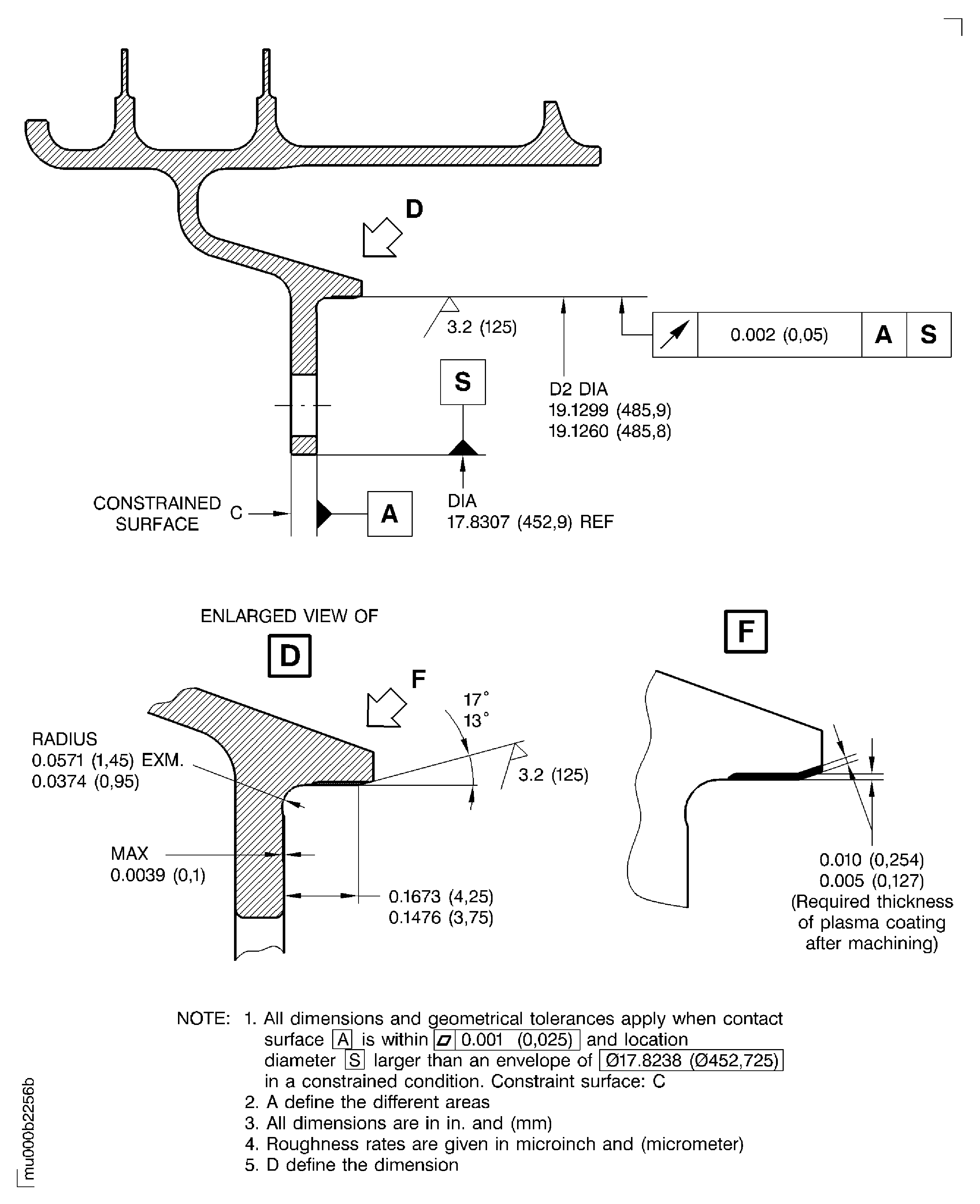 Dimensions and areas after plasma spraying