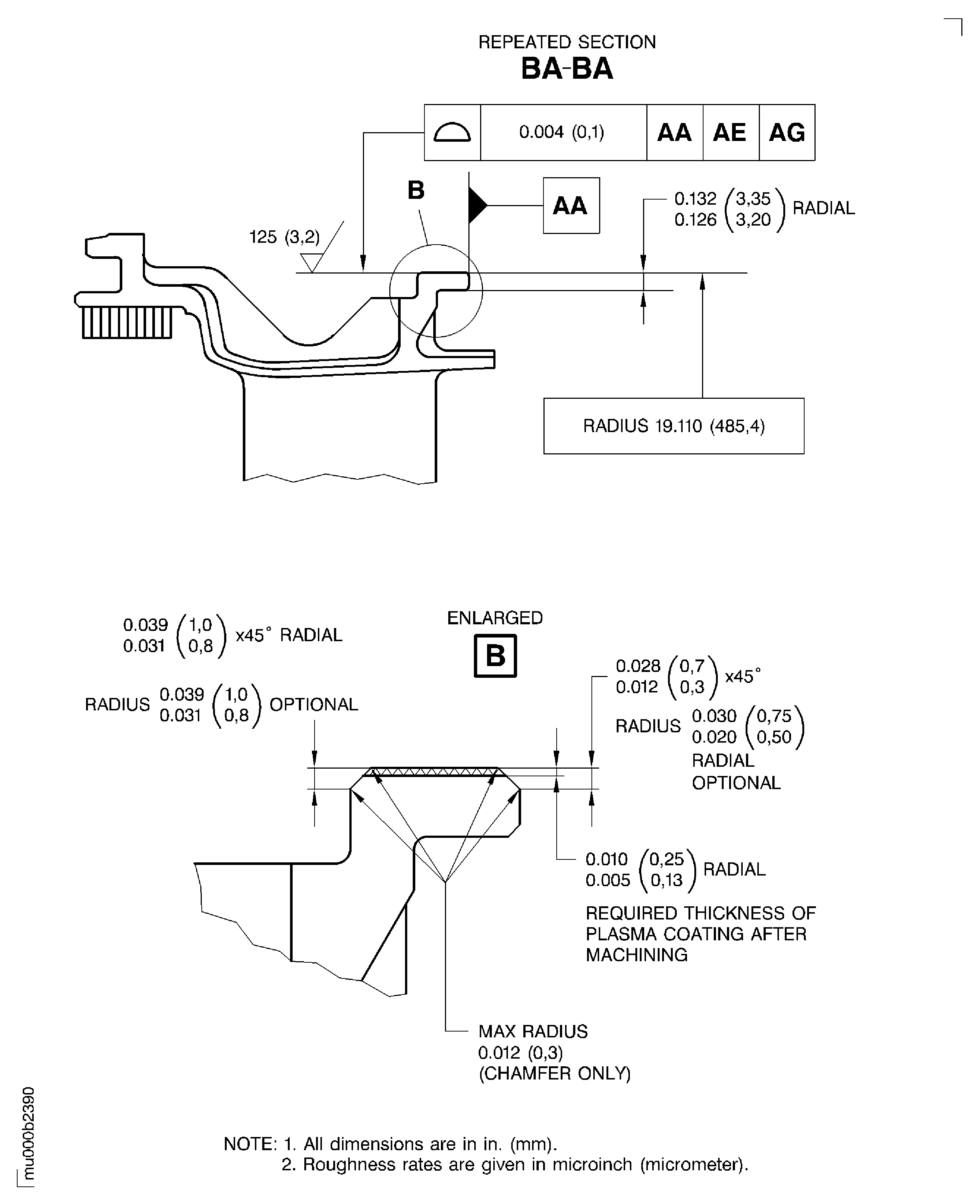 Dimensions of the stage 7 turbine vane outer buttress platform rear diameter after plasma spray