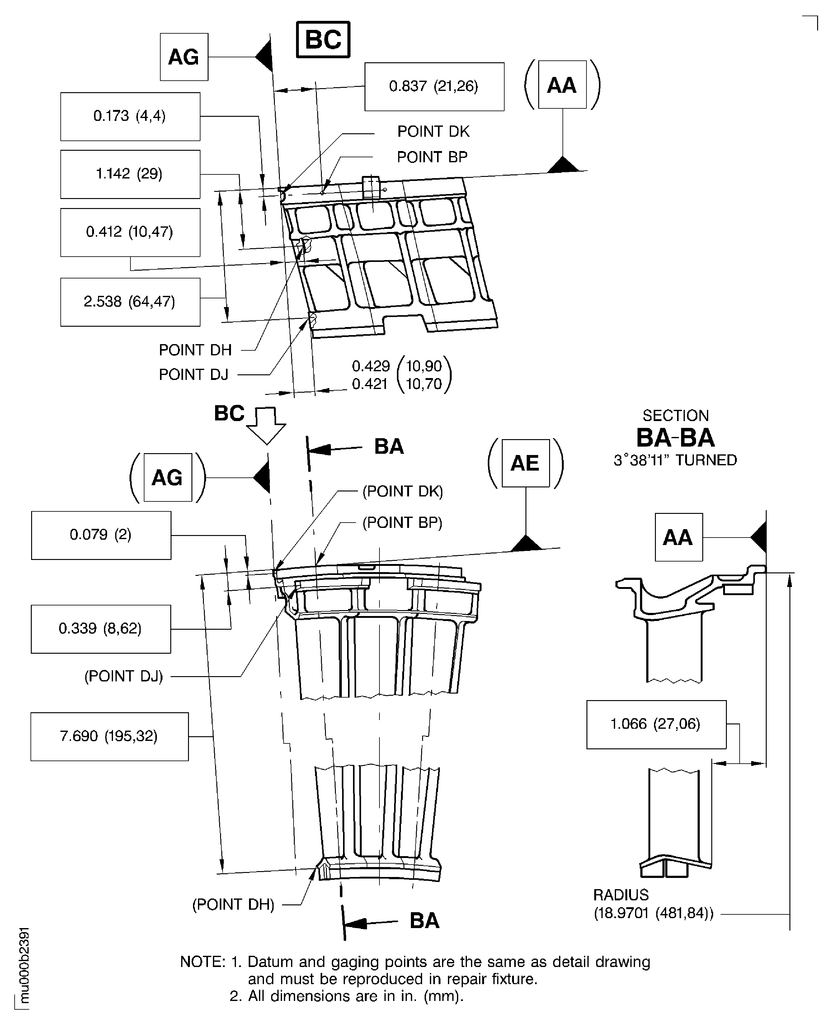 Dimensions of the stage 6 turbine vane