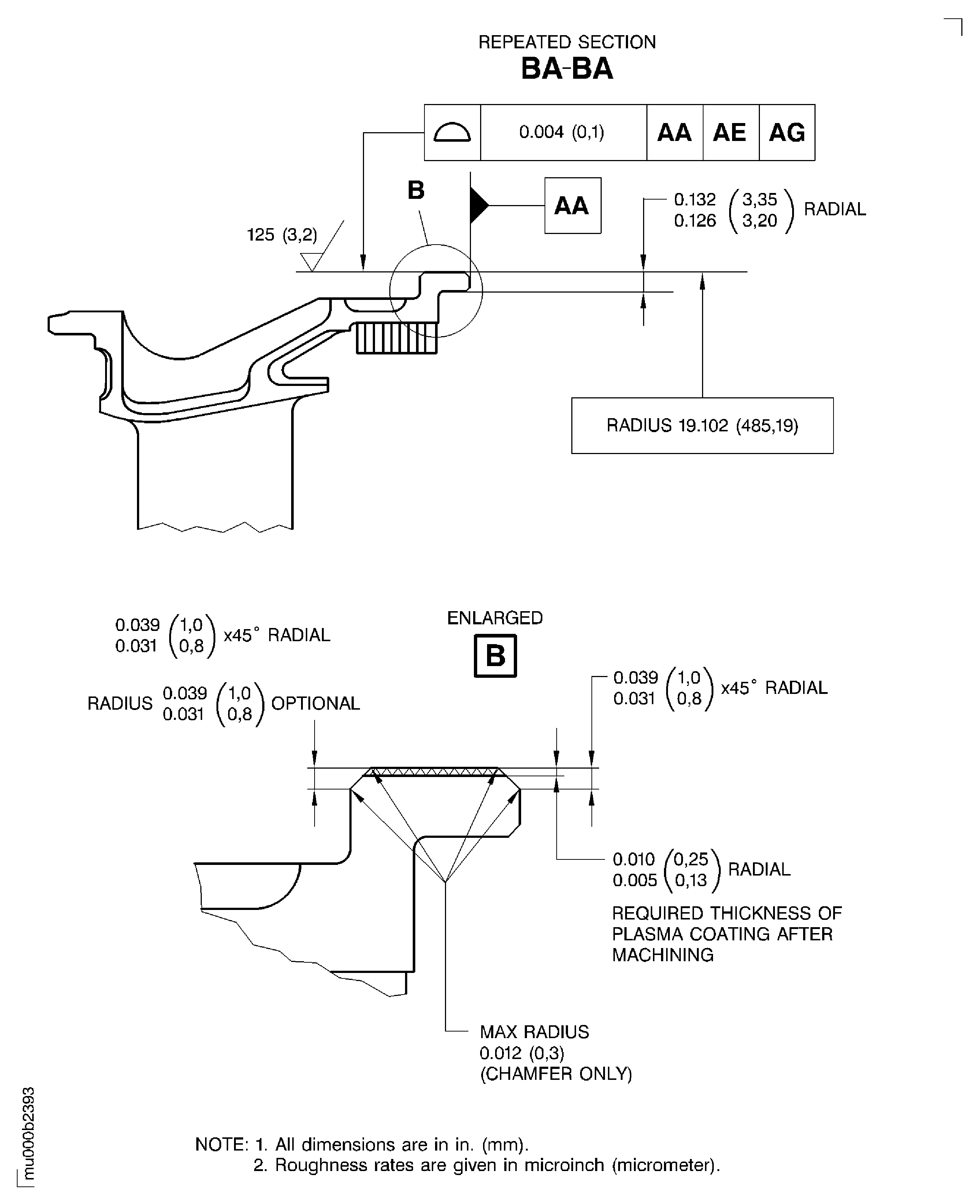 Dimensions of the stage 6 turbine vane outer buttress platform
rear diameter after plasma spray