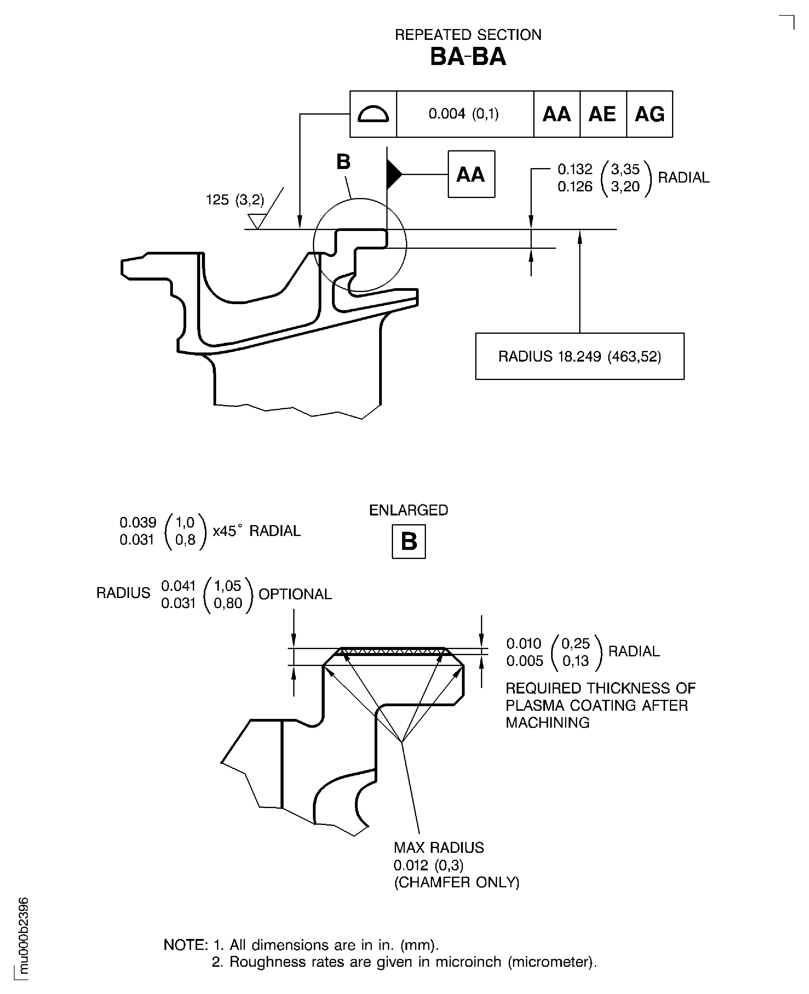 Dimensions of the stage 5 turbine vane outer buttress platform rear diameter after plasma spray