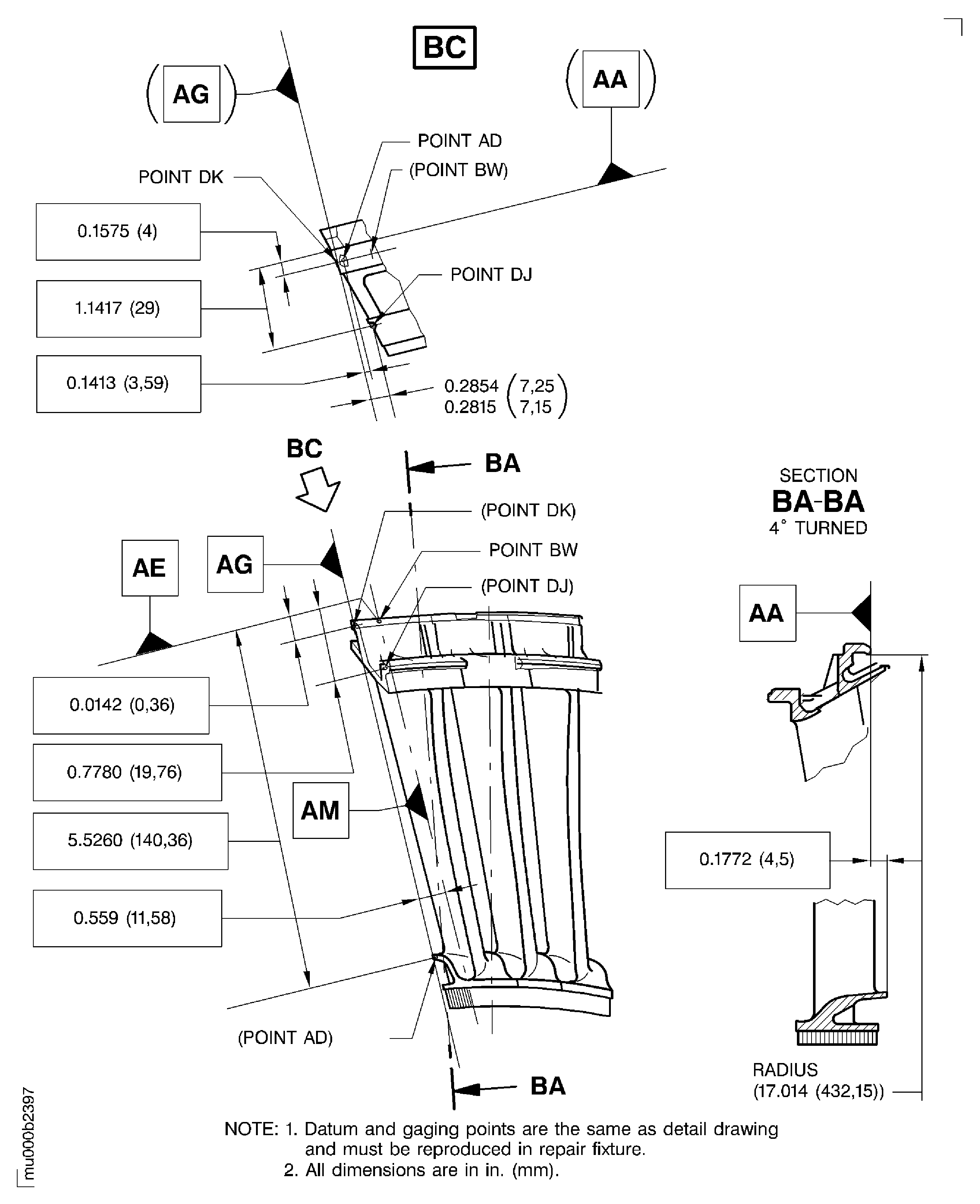 Dimensions of the stage 4 turbine vane