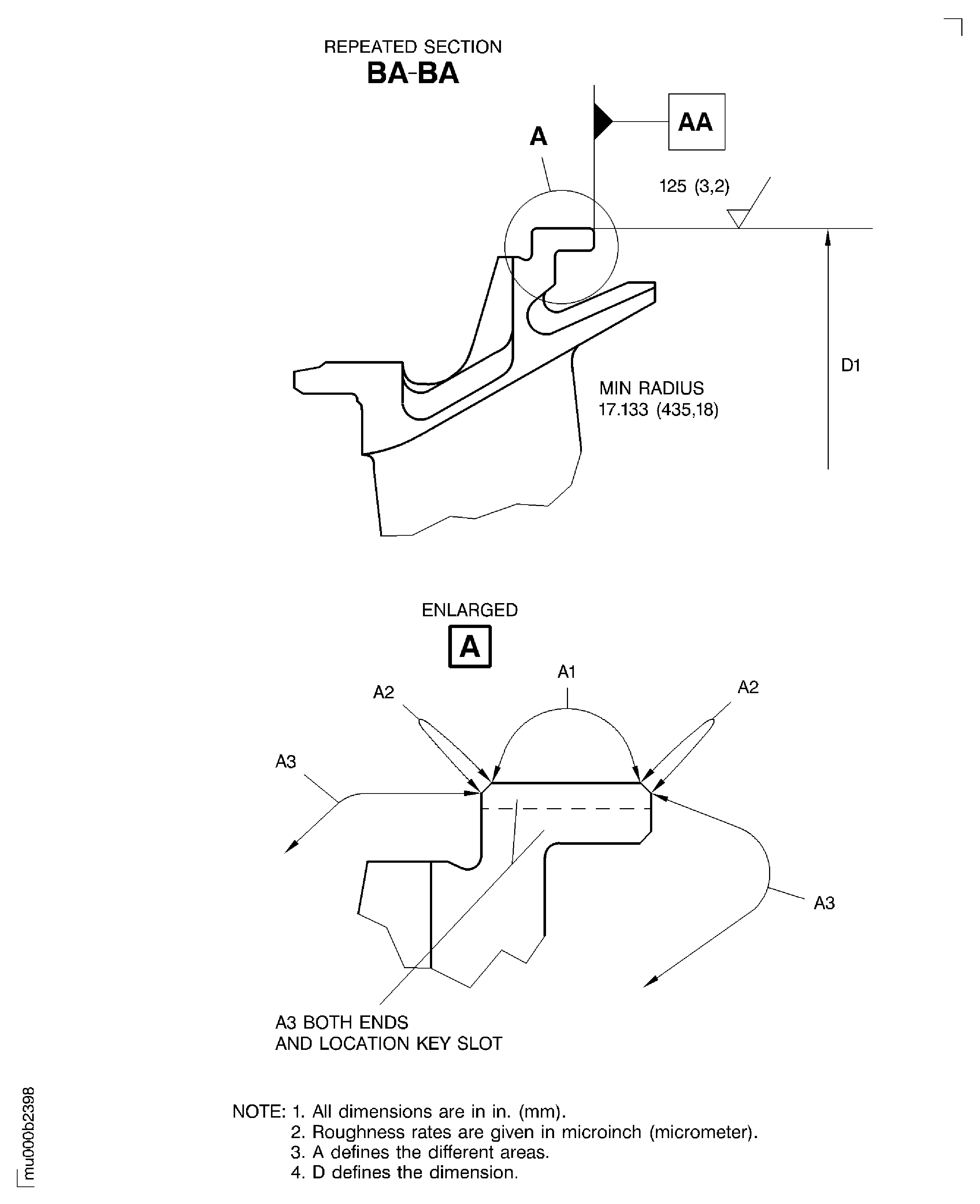 Dimensions and areas of the stage 4 turbine vane outer buttress platform rear diameter before plasma spray