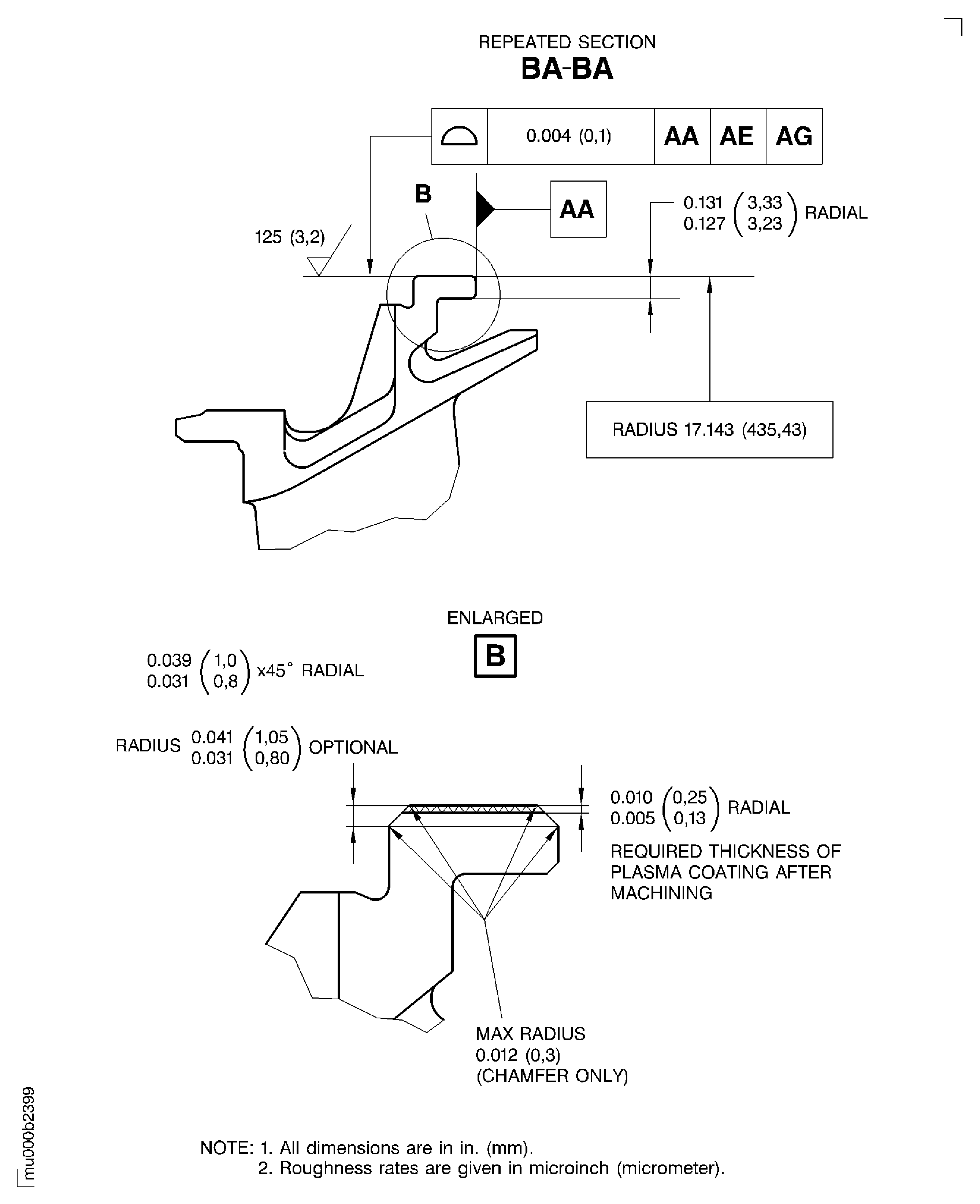 Dimensions of the stage 4 turbine vane outer buttress platform rear diameter after plasma spray