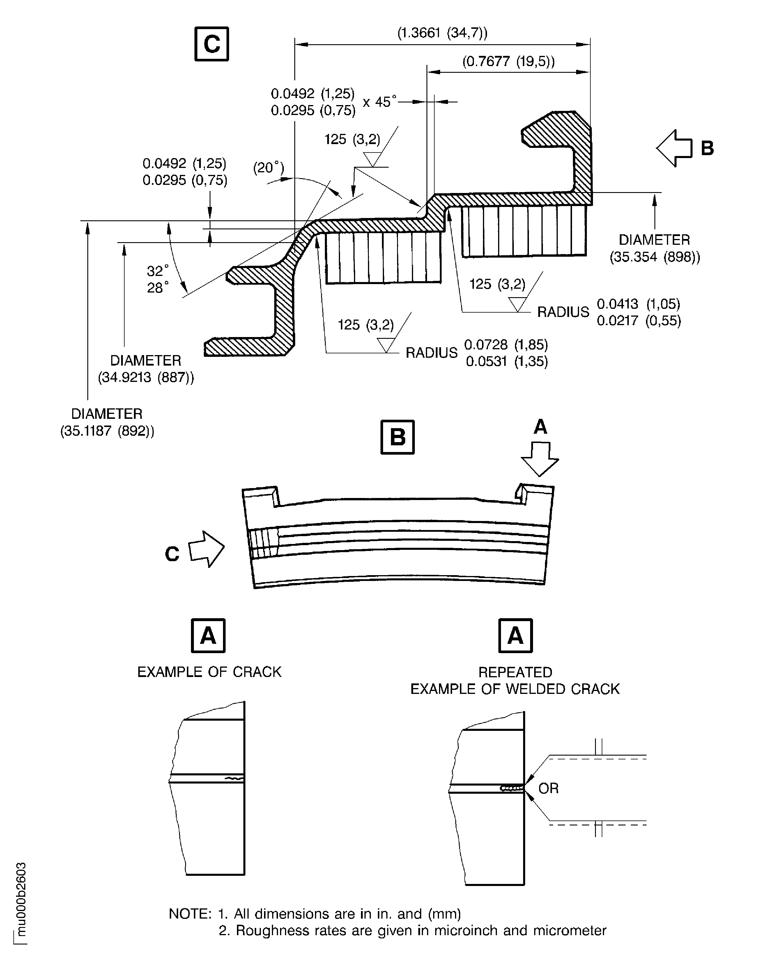 Dimensions for weld repair of the stage 4 shroud seal segment